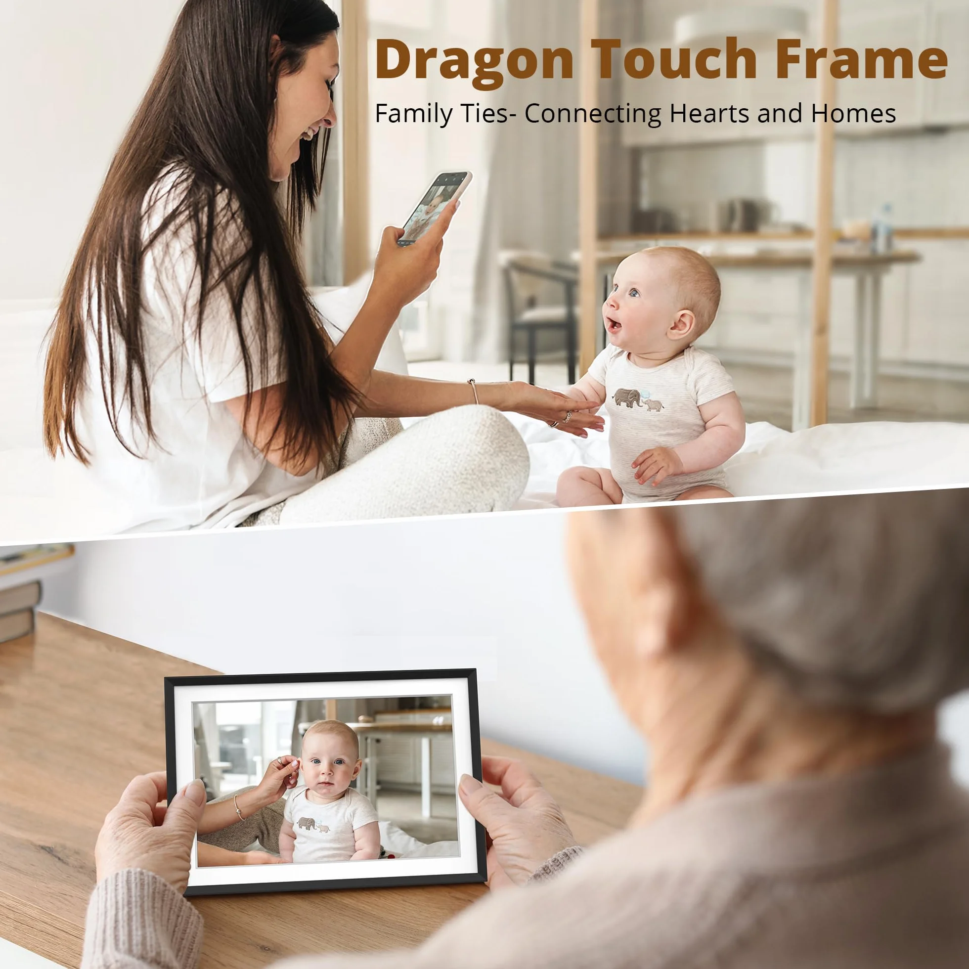 Dragon Touch Cyfrowa ramka na zdjęcia 10,1" WiFi – ekran dotykowy HD IPS, automatyczne rotacja, natychmiastowe udostępnianie zdjęć/filmów, pamięć 16 GB dla rodziny i przyjaciół