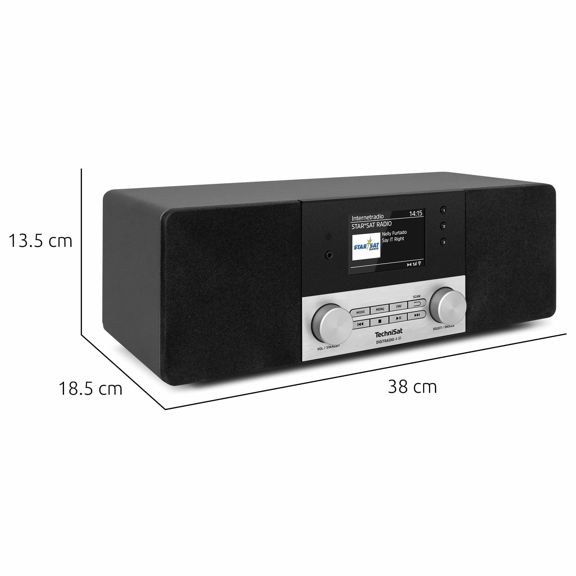 TechniSat DIGITRADIO 4 IR - stereo radio internetowe (DAB+, UKW, Bluetooth Audiostreaming, wejście AUX, budzik z timerem, wyświetlacz TFT, 20 W RMS, głośnik Elac, Made in Germany), czarne