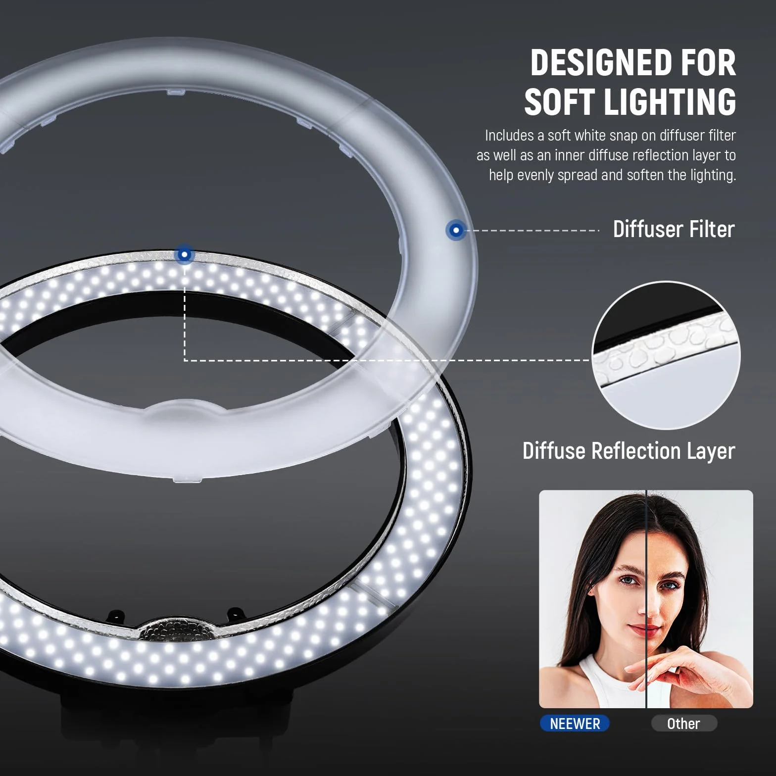 NEEWER Profesjonalny pierścień świetlny ze statywem: 18 cali 55 W 5600K Regulowany pierścień świetlny LED ze statywem, odbiornik Bluetooth do smartfona, selfie, Youtube/TikTok wideo, lampa estetyczna