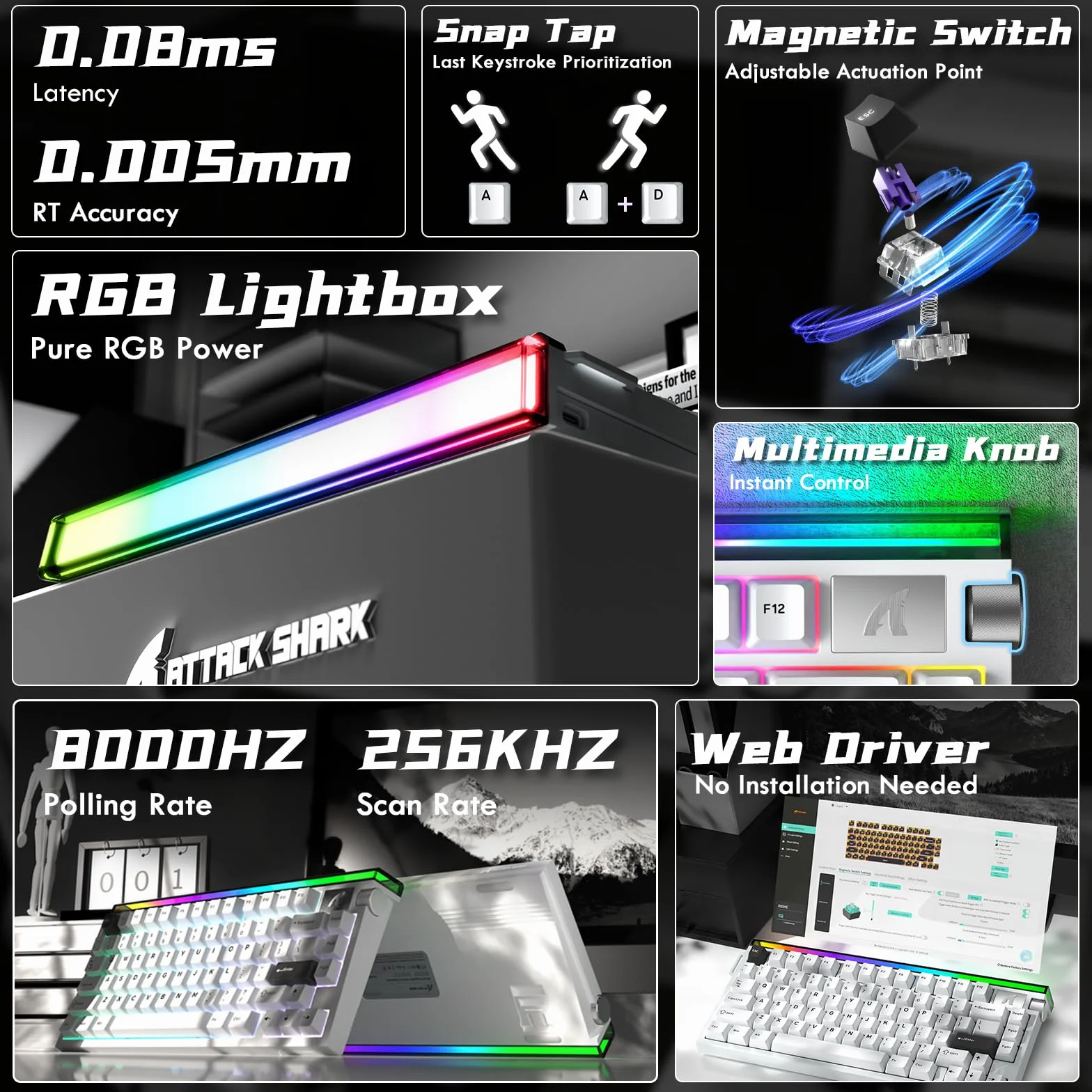 ATTACK SHARK R85 HE Klawiatura Gamingowa 8000Hz Rapid Trigger, 0.005mm Dokładność RT, Przewodowa Klawiatura RGB Lightbox, Hall Przełączniki Magnetyczne, Snap Tap, Regulowana Aktywacja, Biały