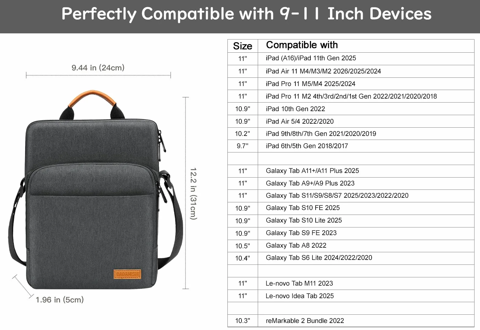 Dadanism Etui na tablet 9-11 cali z paskiem na ramię do iPada 10. generacji 27.7 cm Air5/4, iPada (A16) 27.9 cm, i-Pad 9/8/7. generacji 25.9 cm, i-Pad Air/Pro 27.9 cm, Galaxy Tab A9+ 27.9 cm, z