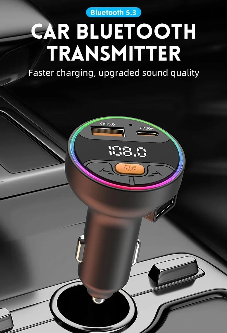 Nadajnik FM do szybkiego ładowania telefonu, Bluetooth 5.3, zestaw samochodowy, odtwarzacz MP3 QC3.0 + PD30W szybka ładowarka FM