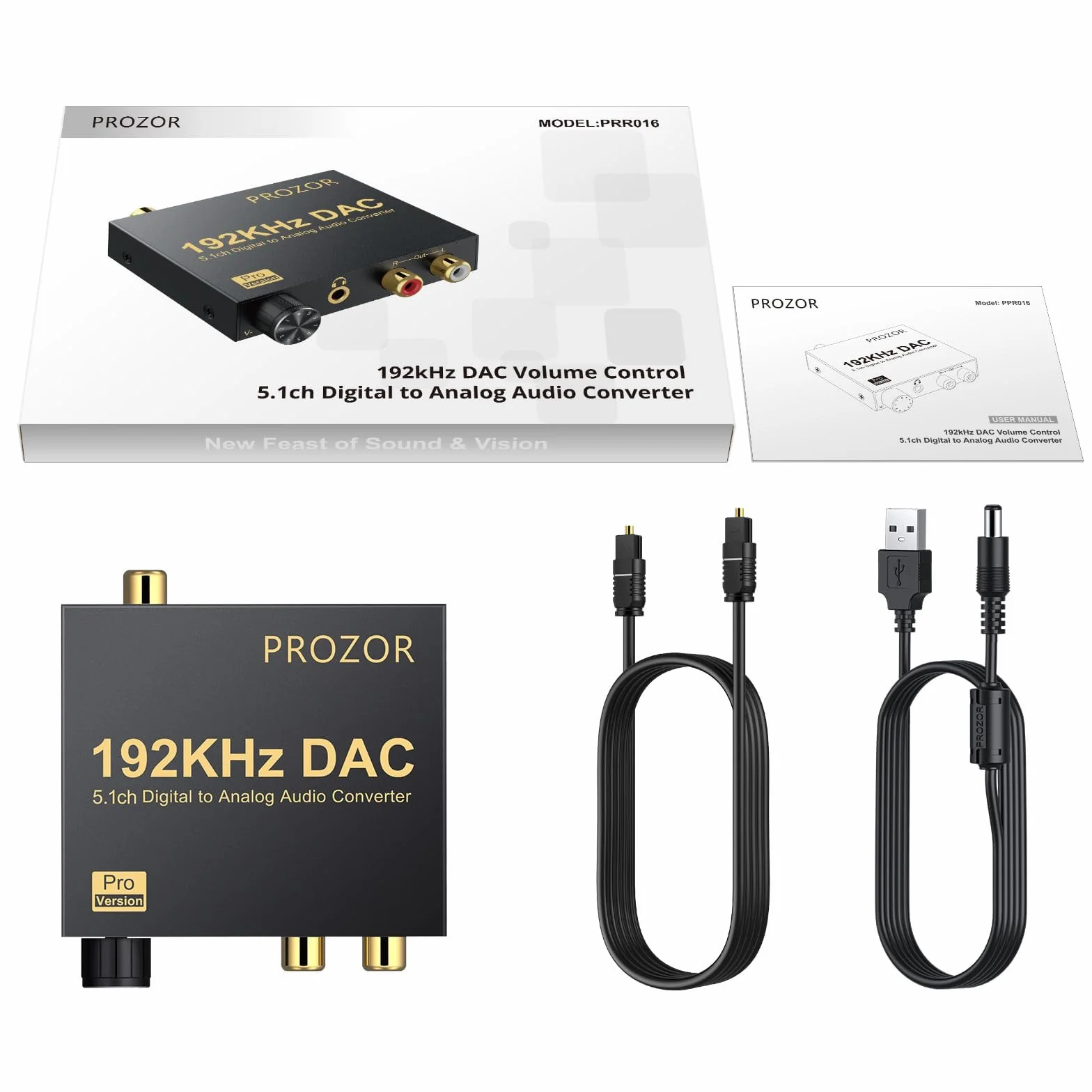 PROZOR Cyfrowy na analogowy konwerter audio 192 kHz obsługuje Dolby AC-3 DTS 5.1CH z regulacją głośności, dekoder optyczny na RCA DAC, cyfrowy konwerter DAC SPDIF TOSLINK na stereo L/R i gniazdo 3,5