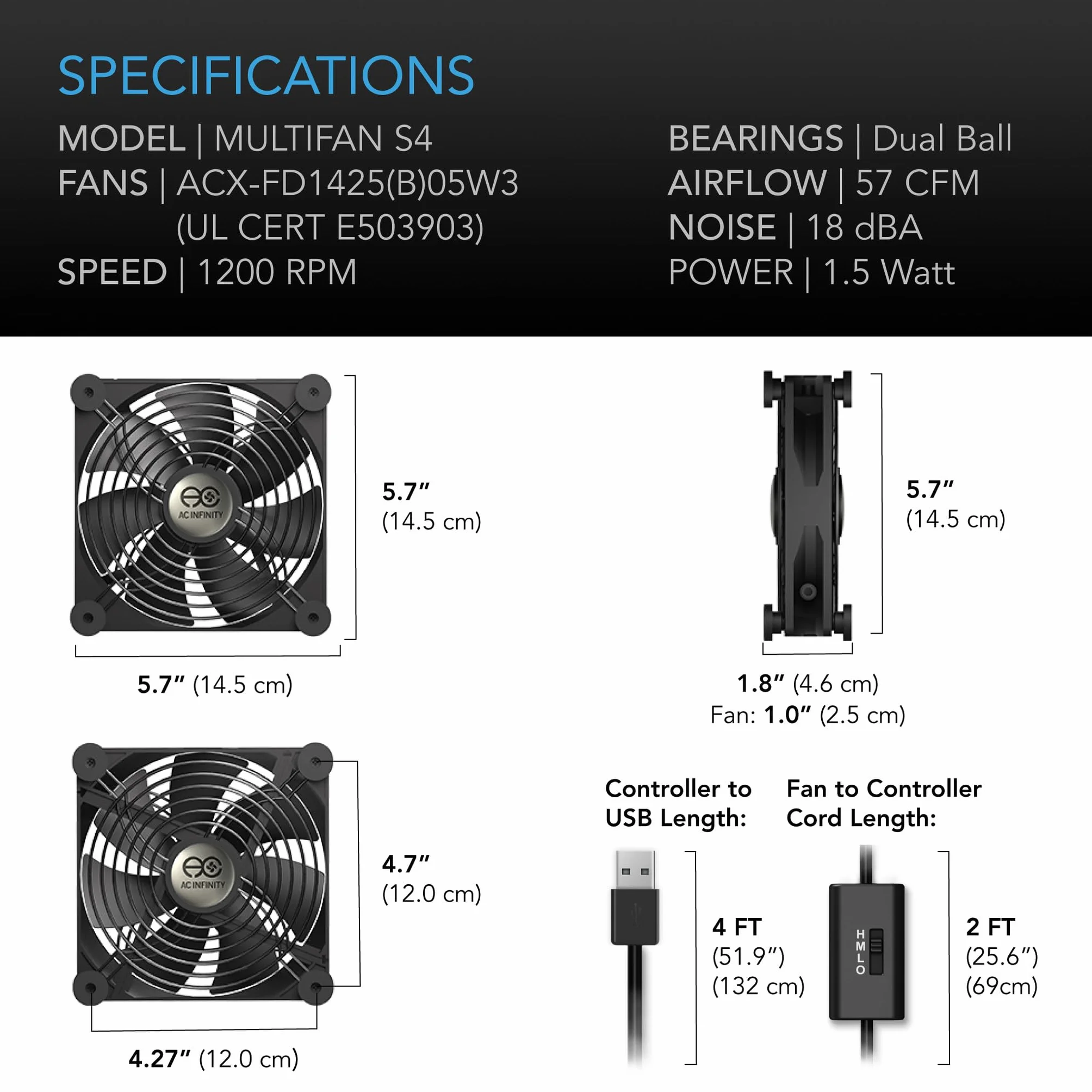 AC Infinity MULTIFAN S4, cichy wentylator USB 140 mm, certyfikat UL, do odbiornika, DVR, Playstation, Xbox, chłodzenia szafki komputerowej