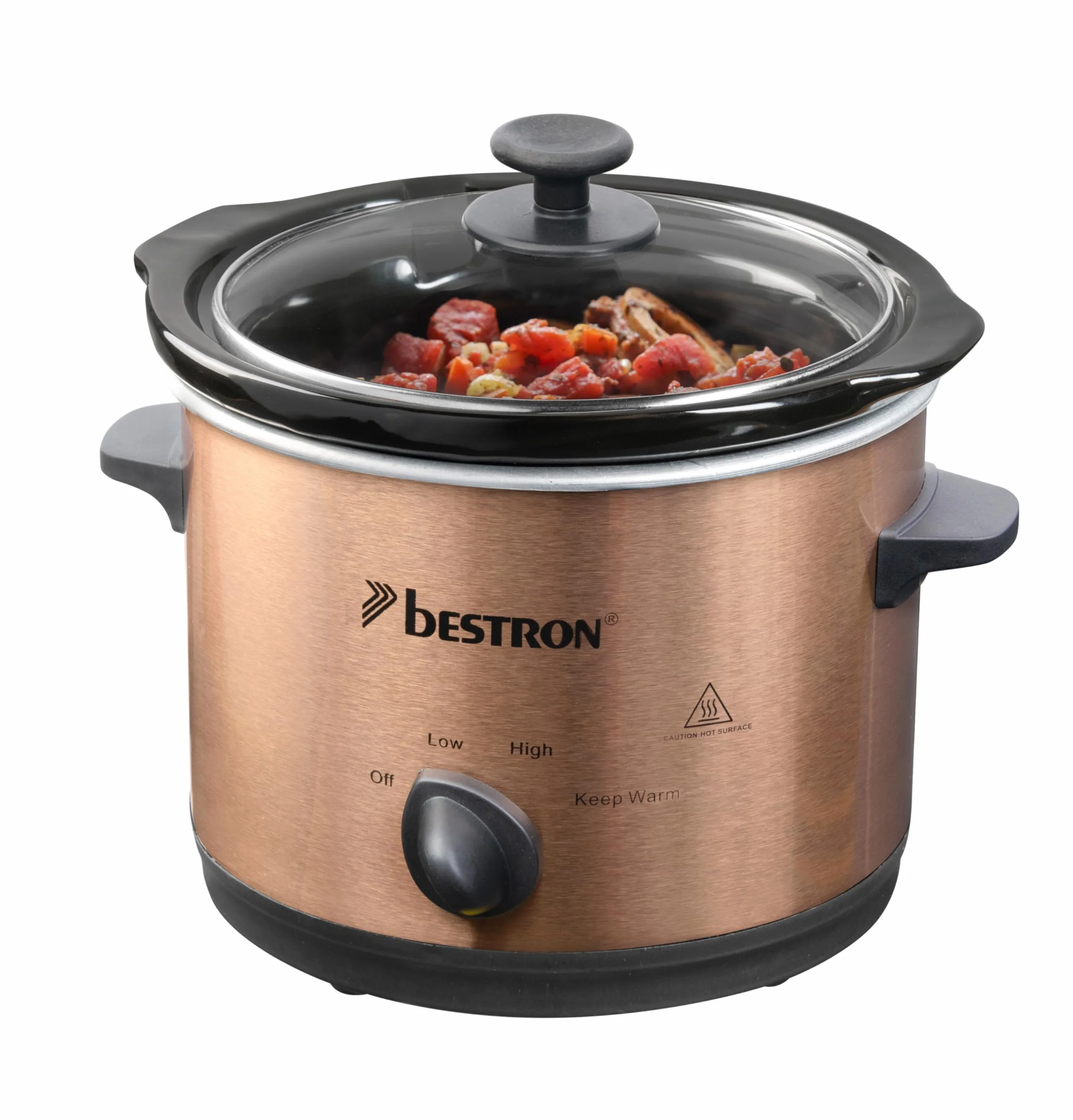 Bestron Slowcooker 1,5 L dla 2 osób, wolnowar z ceramiczną patelnią i szklaną pokrywką, 3-stopniowy termostat, Copper Collection
