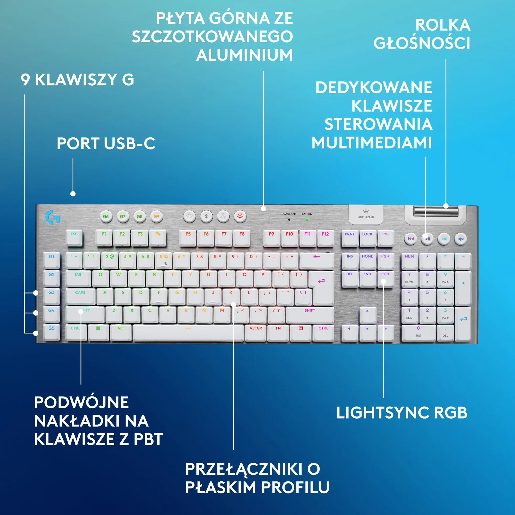 Logitech G G915 X Przeznaczona do gier bezprzewodowa klawiatura o płaskim profilu z technologią LIGHTSPEED, brązowe przełączniki sprężynujące GL Brown — PC/Mac, QWERTY układ US international - Biały