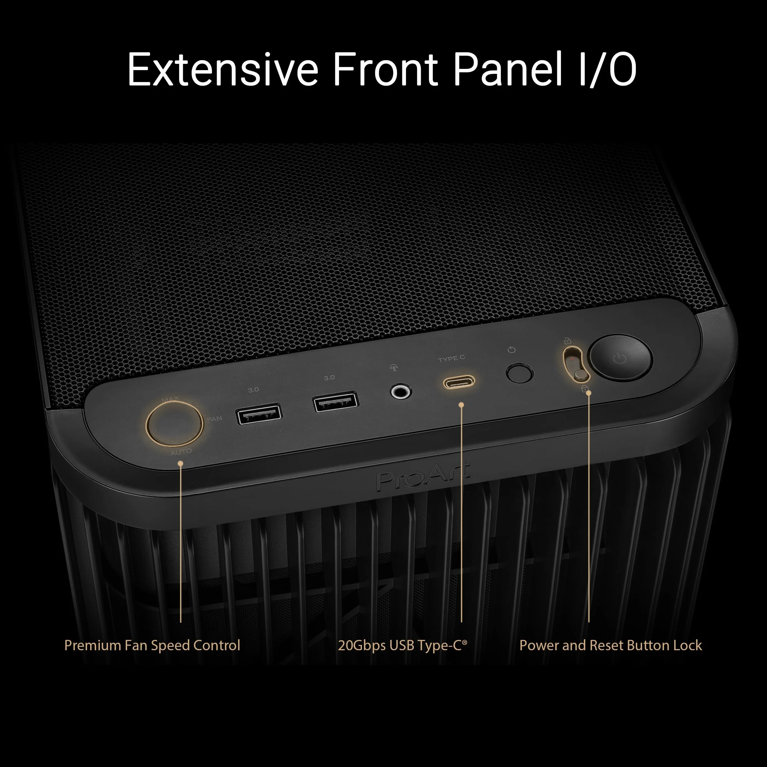 ProArt PA401 Metal PWM Black ATX Mid-Tower (podwójne ostrza wentylatora pierścieniowego 160 mm, Left-Side Lock, blokada przycisku zasilania i resetowania, odłączany uchwyt na PSU)