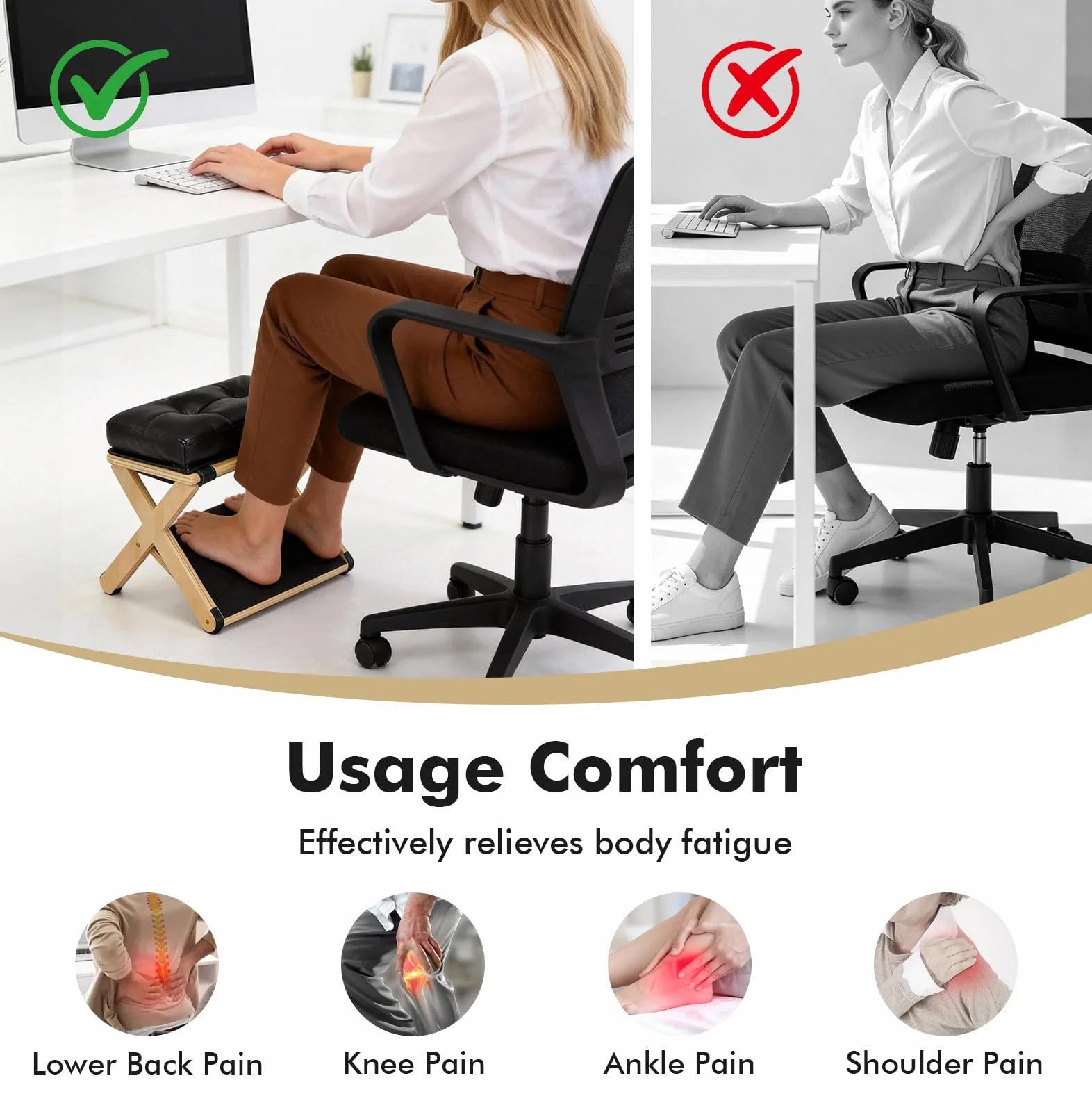 Podnóżek 2 w 1, podnóżek z regulacją wysokości, ergonomiczny podnóżek z drewna z miękkim, antypoślizgowym podnóżkiem do biura, samochodu, podnóżek, krzesło do Vanity