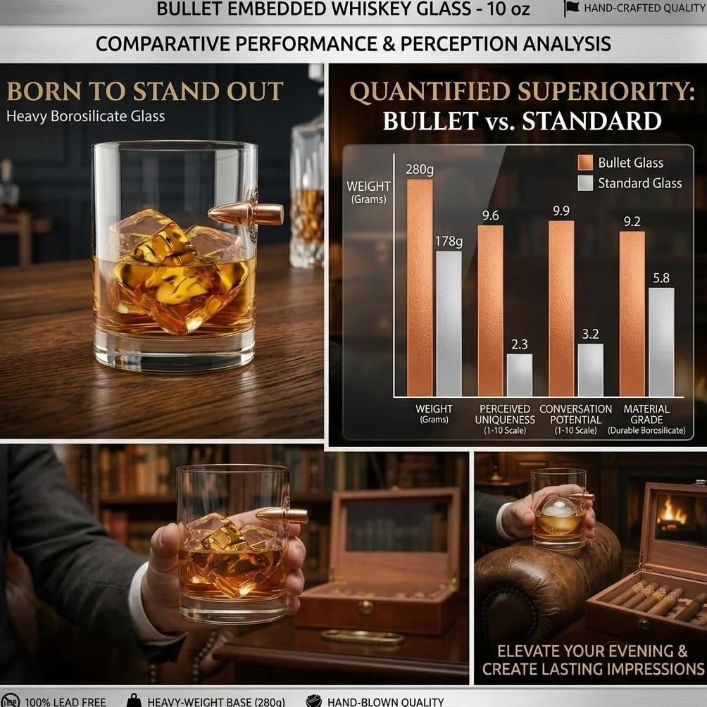 Szklanki do Whisky z Wkładką Pocisku,Ręcznie Robione Szklanki z Kryształu Bezołowiowego – Prezent dla Taty, Mężczyzny, Miłośnika Bourbona lub Scotch – Urodziny, Święta, Walentynki (A-2pc)