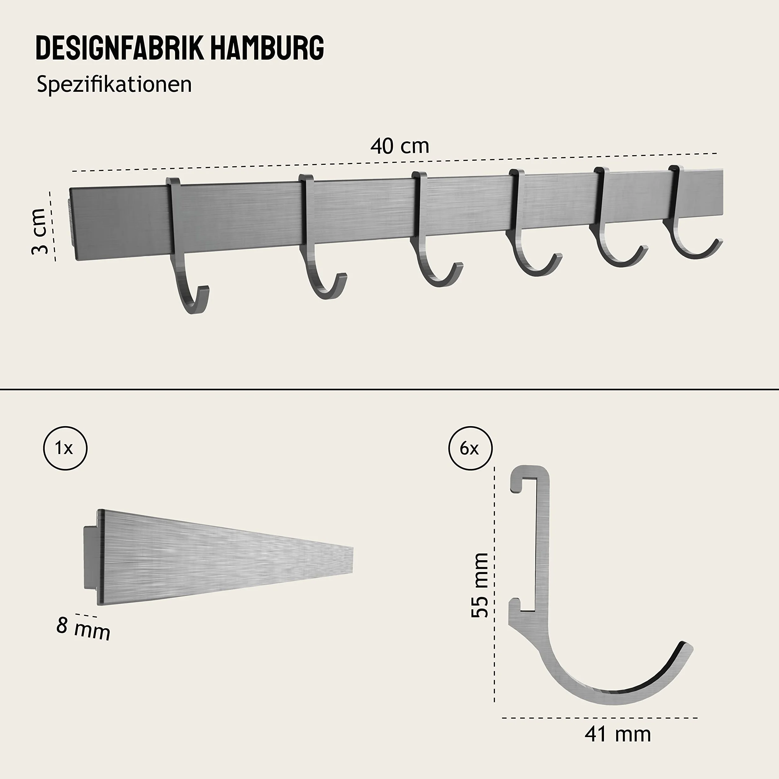 Designfactory Uchwyt na przybory kuchenne Hamburg, samoprzylepny drążek do zawieszenia, stojak kuchenny bez wiercenia, haczyki na przybory kuchenne, nowoczesny design, srebrno-szary