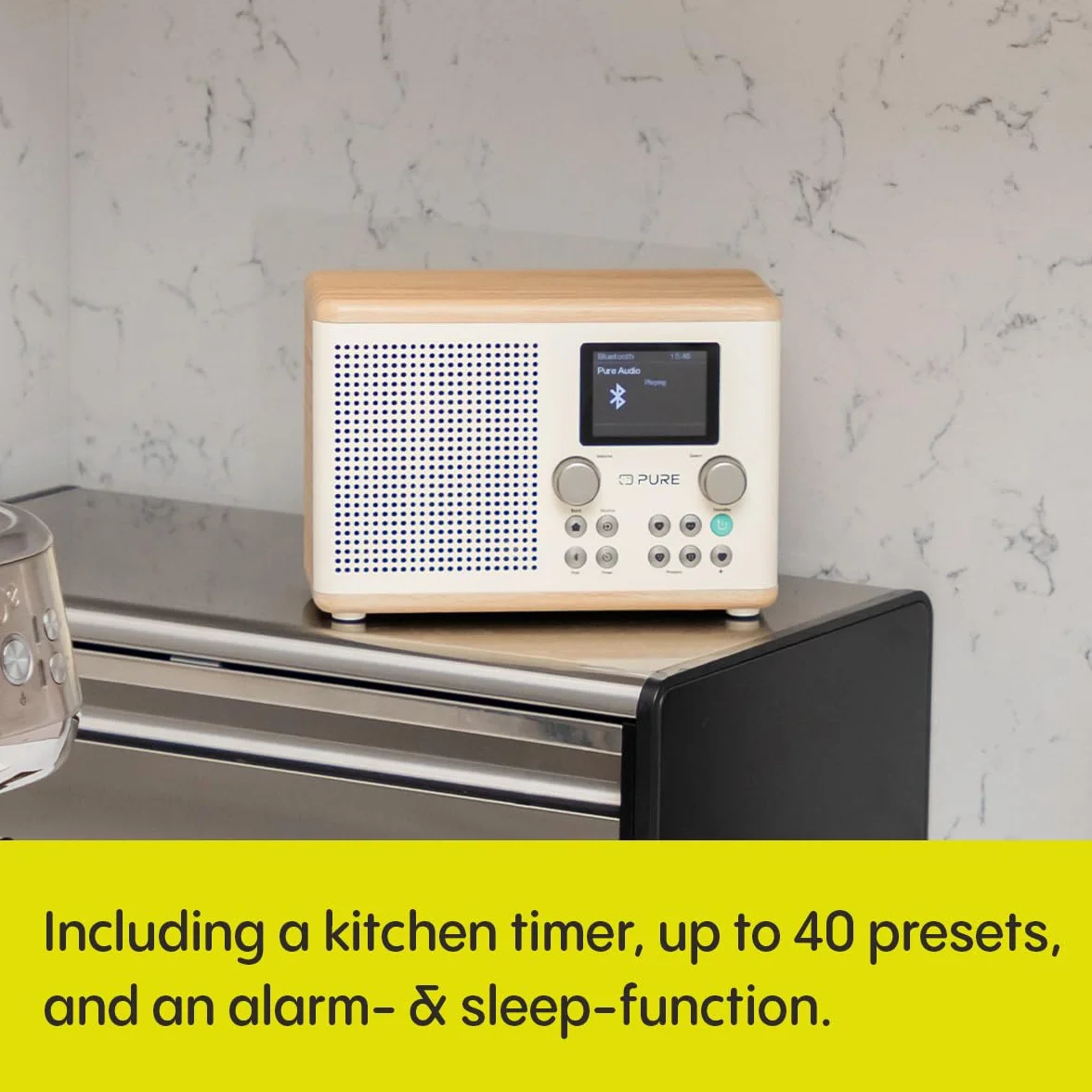 Pure Klasyczne cyfrowe radio kuchenne H4 (Dab+/FM, Bluetooth, USB, AUX, zegar kuchenny, alarm), biała bawełna/dąb