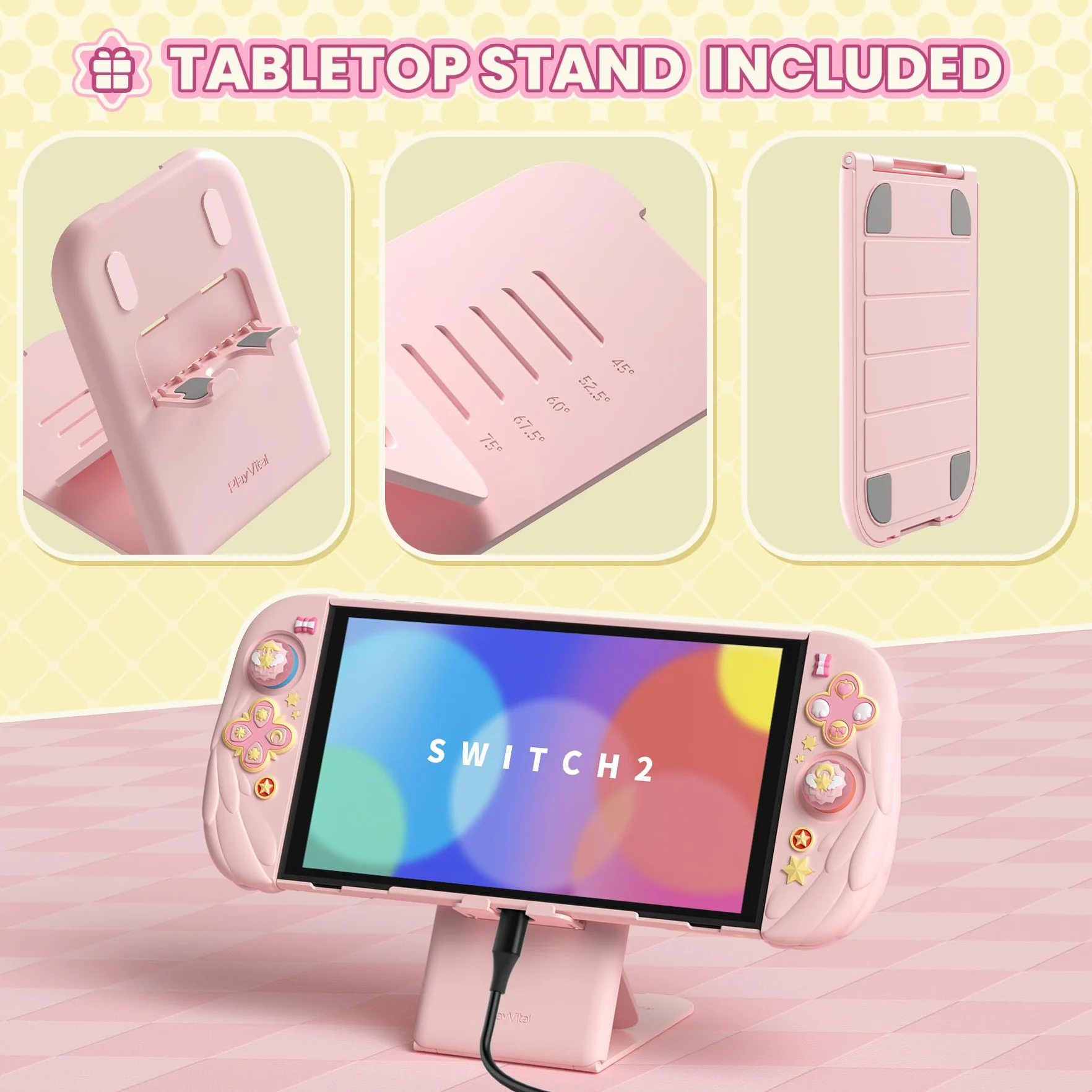 PlayVital Etui na Konsolę do Switch 2 Akcesorium z Silikonowymi Osłonami Joycon & Nakładkami na Joysticki do Switch 2,Dockowalne Ochronne-Różowe, Styl Magiczne Skrzydła