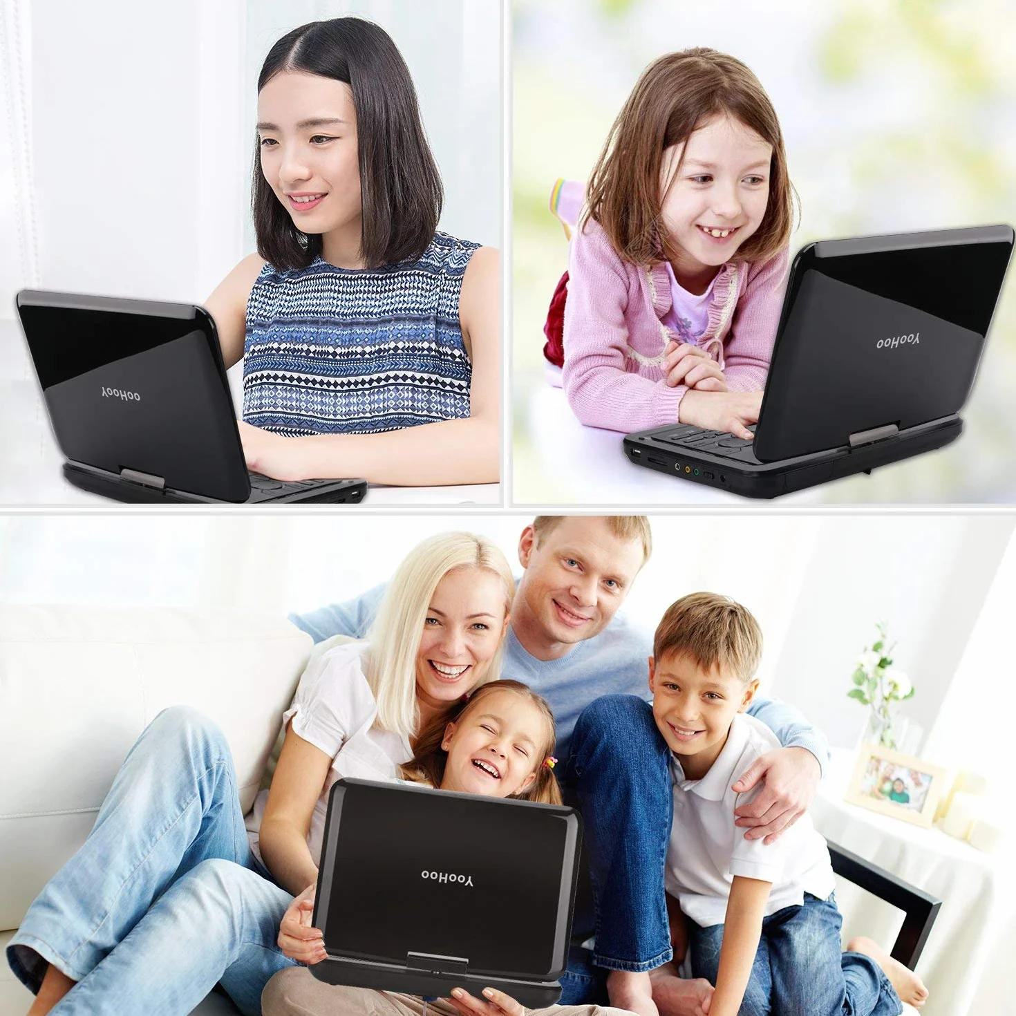 YOOHOO Przenośny odtwarzacz DVD 12,5" z obrotowym ekranem HD o przekątnej 10,5" o 270° z akumulatorem, zasilacz sieciowy obsługuje wszystkie regiony, wiele regionów, samochodowe odtwarzacze