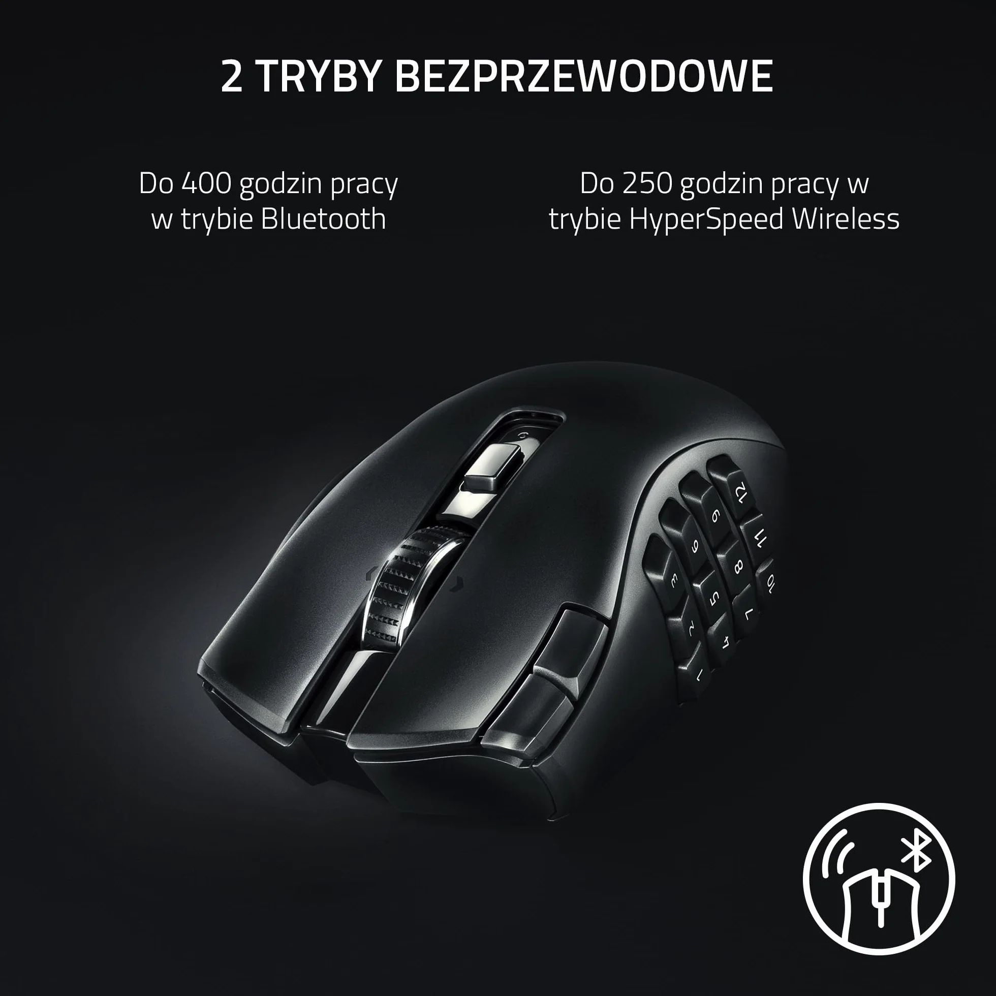 Razer Naga V2 HyperSpeed - ergonomiczna, bezprzewodowa mysz do gier MMO (z 19 programowalnymi przyciskami, bezprzewodowa technologia HyperSpeed 2,4 GHz, do 250 godzin, czujnik optyczny 30K) Czarna