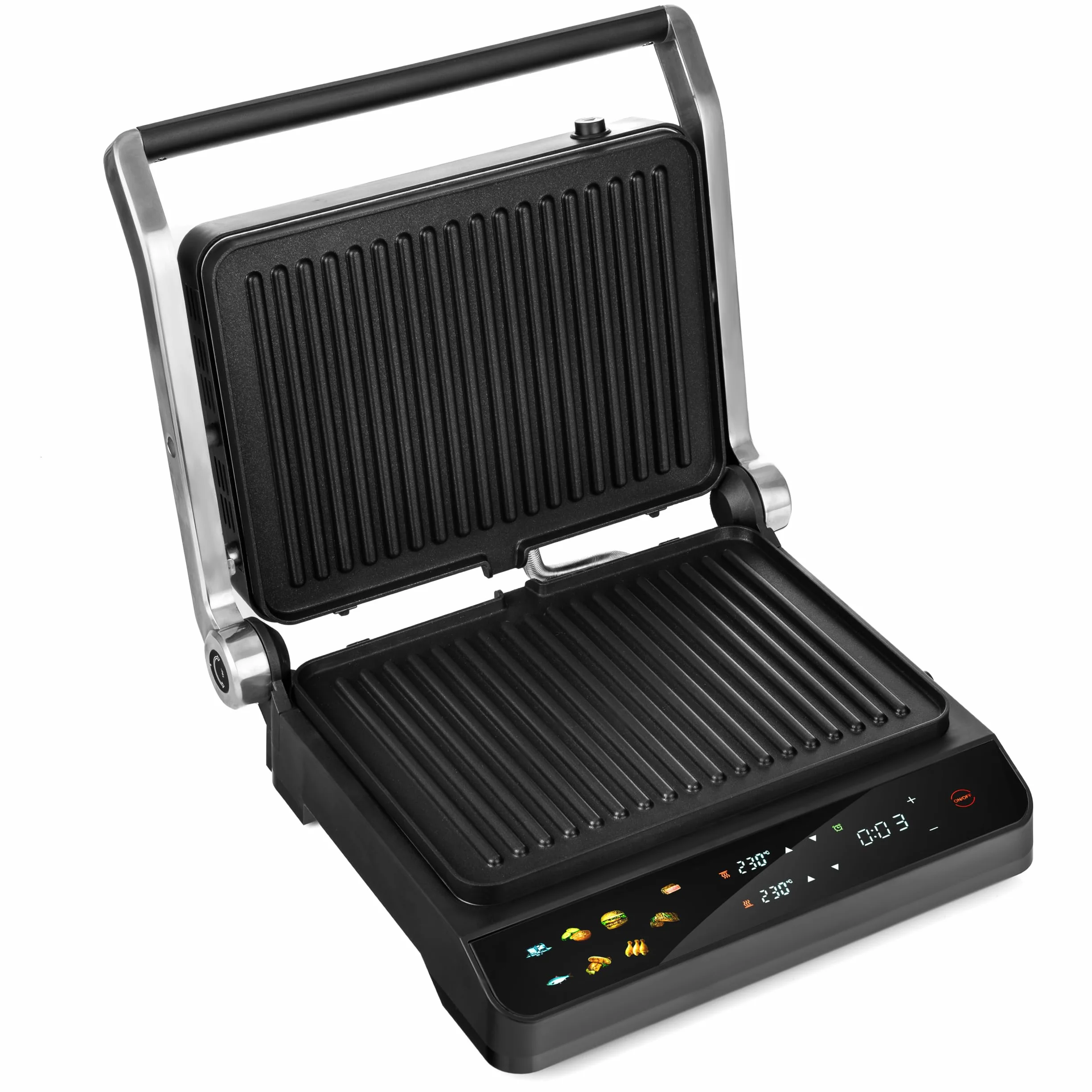 LEHMANN Grill kontaktowy, 2000 W, grill stołowy rozkładany 180°, zdejmowane płyty nieprzywierające, wyświetlacz: 10 programów, regulacja temperatury 90-230°C, timer 1-240 min, grill elektryczny do