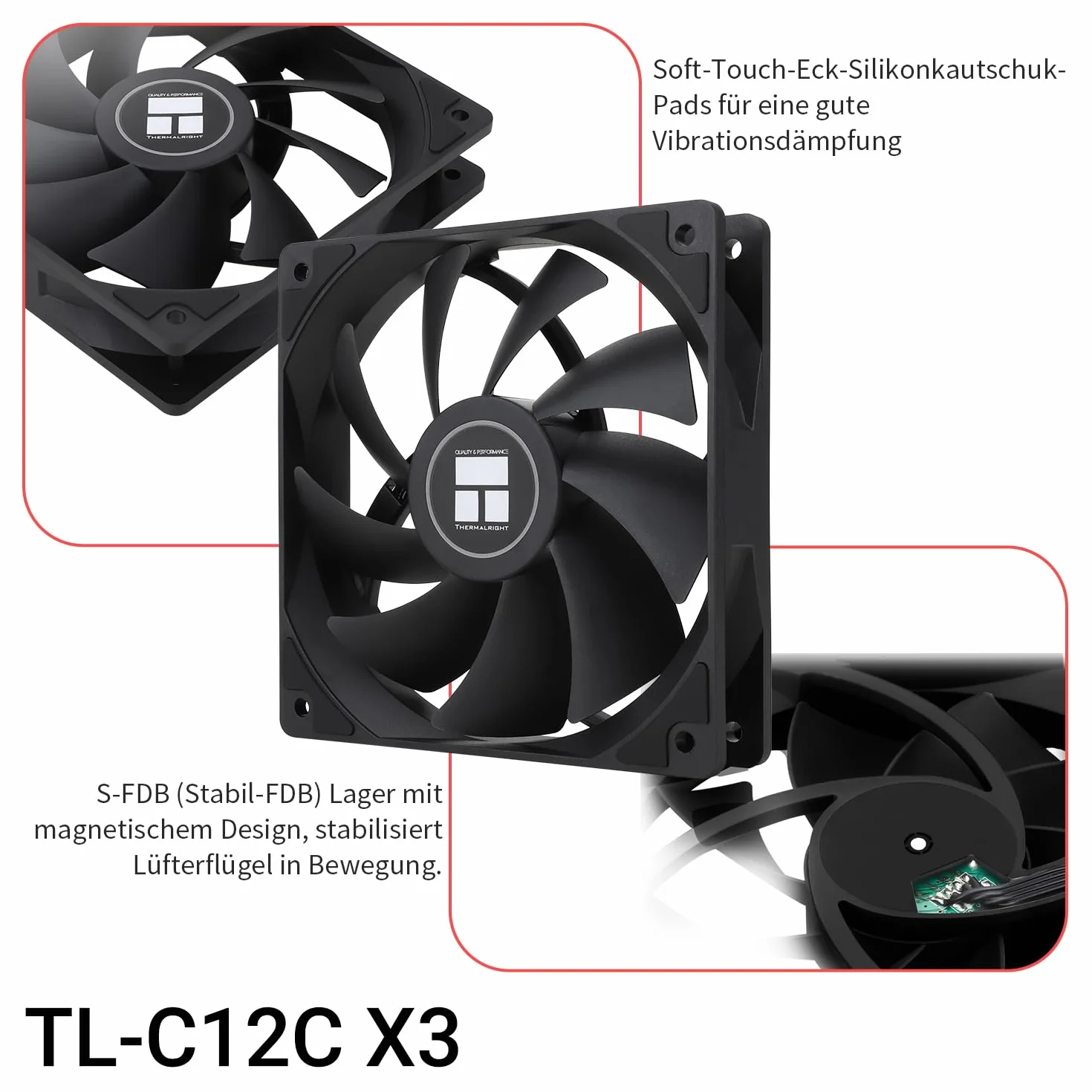 TR-Thermalright TL-C12C X3 120 mm CPU PWM Lüfter, 1550 obr./min ciche chłodzenie, Schwarzer CPU-Lüfter 3er-Pack, Kann mit Podwozie/CPU-Kühler gekoppelt werden