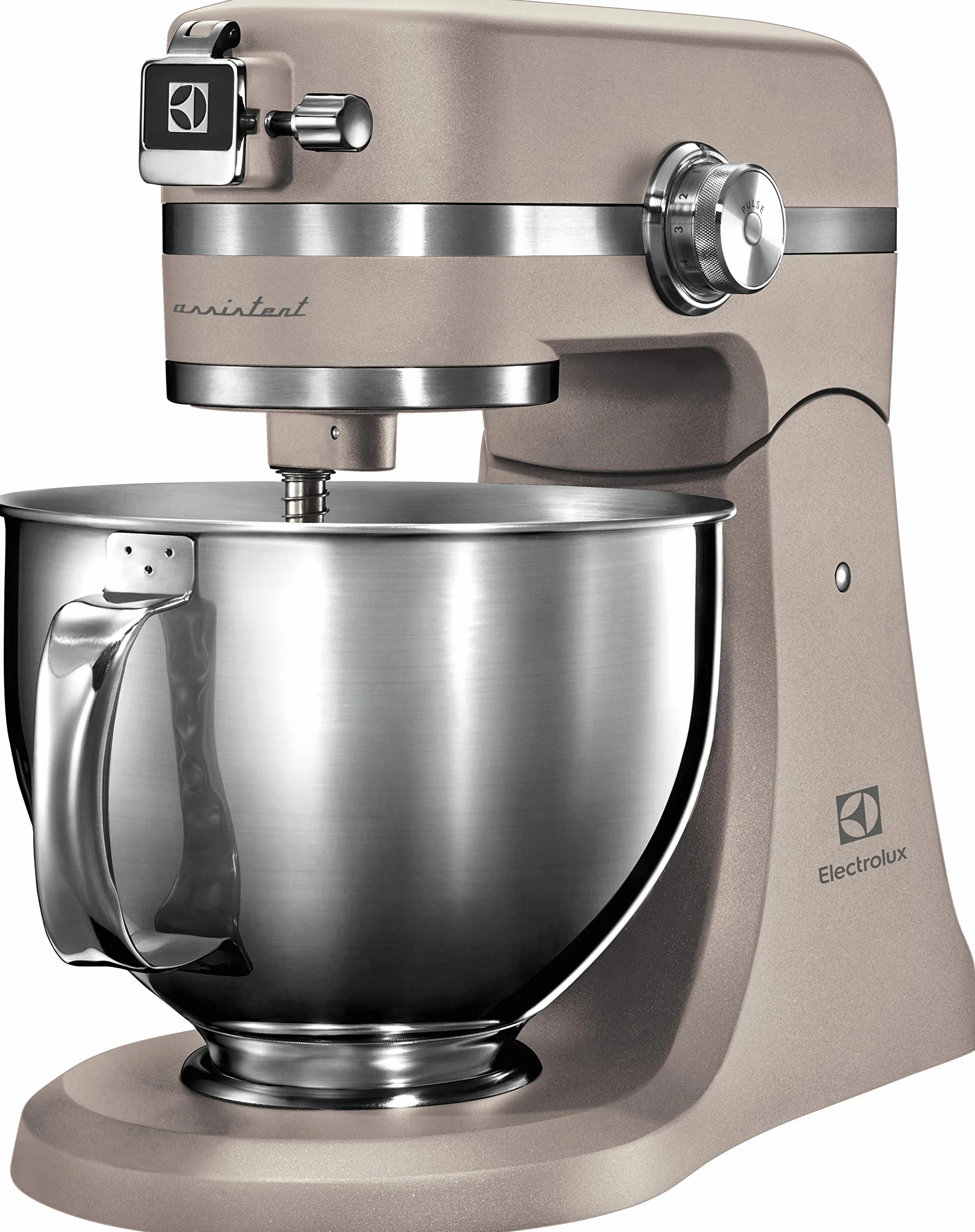 Electrolux Robot Kuchenny 1200 W, 10 prędkości + f. pulsacyjna, Oświetlenie LED misy, 2 misy o pojemności 4,8l i 2,9l, W Zestawie: Hak, Trzepaczka, Ubijaczka, Silikonowa Łyżka, Pokrywa, EKM5570,Beżowy