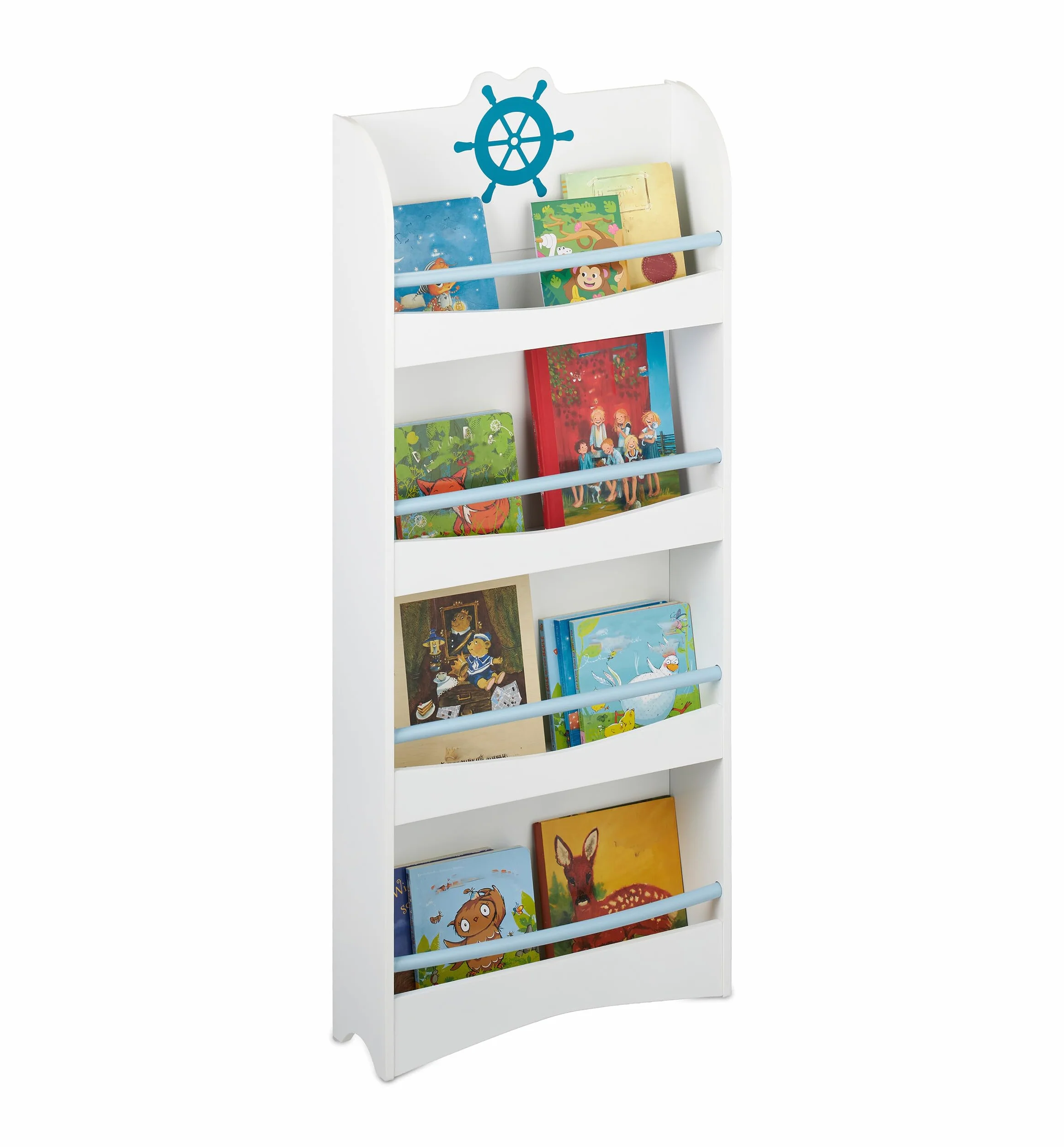 Relaxdays Regał na książki dla dzieci, wys. x szer. x gł.: 124 x 50,5 x 15 cm, 4 półki, MDF, morski regał na książki dla dzieci, biały/niebieski