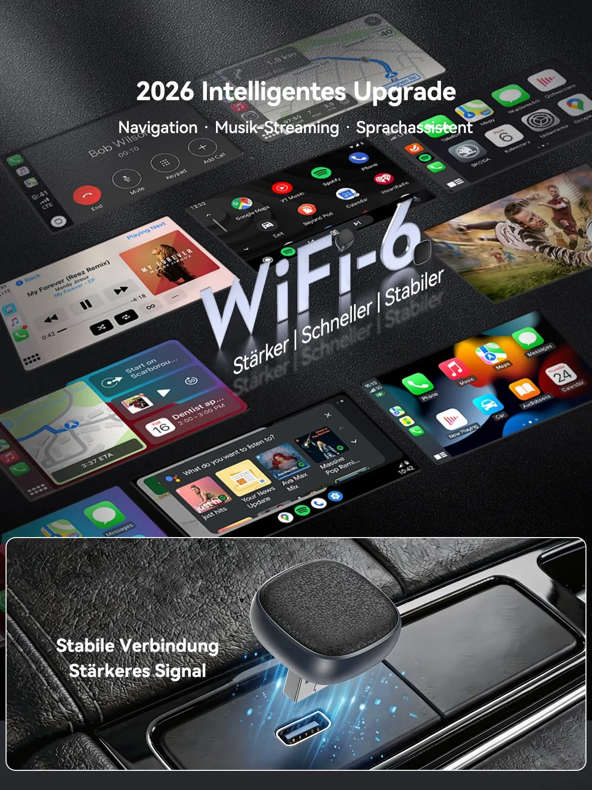 Bezprzewodowy adapter CarPlay i Android na 2 telefonach komórkowych – przełączanie między dwoma telefonami komórkowymi (iPhone i Android) – Ultra Mini – nie przegrzewa się – od iOS 10/Android 10