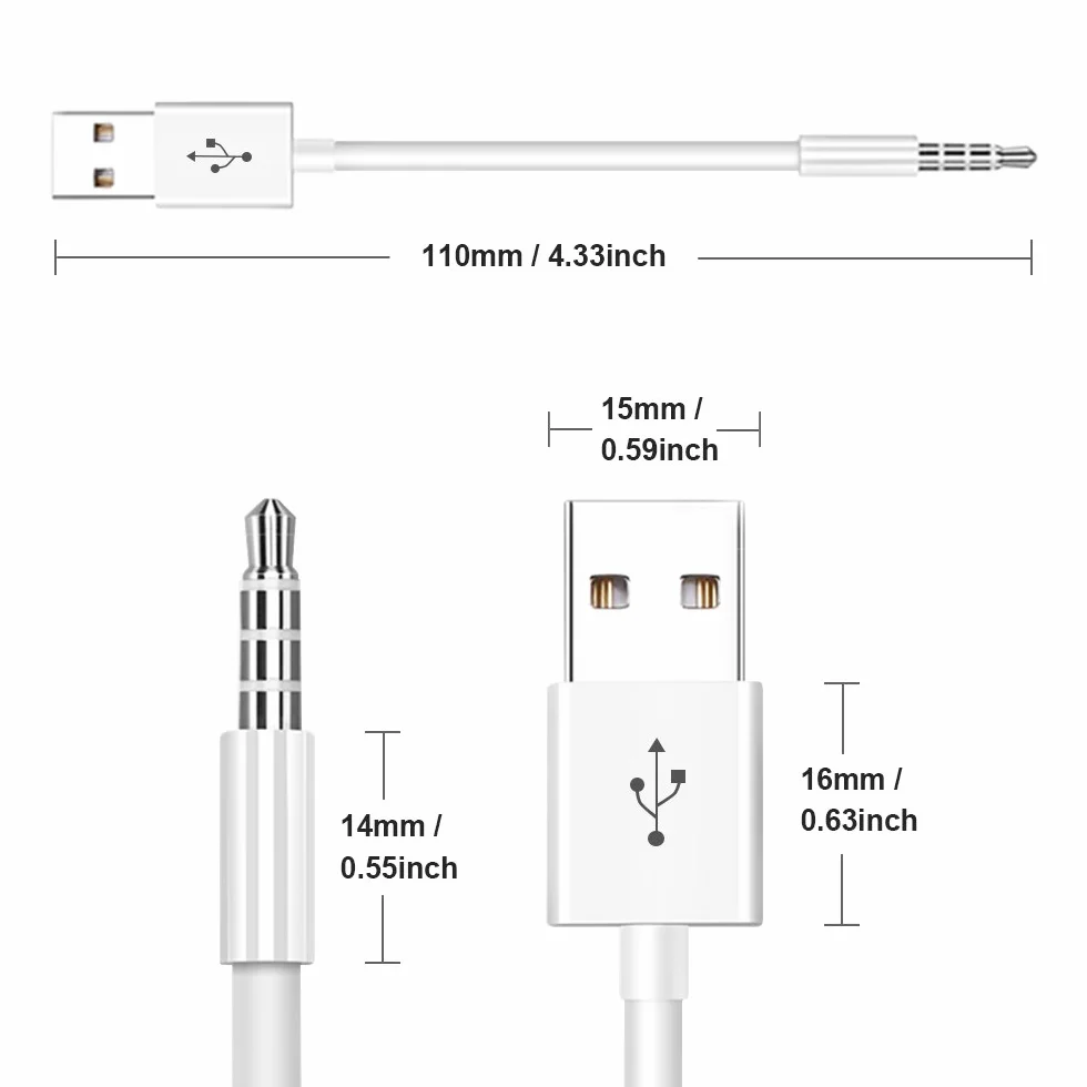 Kabel iPod Shuffle, iMangoo Jack Audio 3,5 mm do USB Kabel do ładowania i przesyłania danych Opakowanie 2 kompatybilne z iPod Shuffle 3 4 5 6 7 Odtwarzacz MP3 Biały