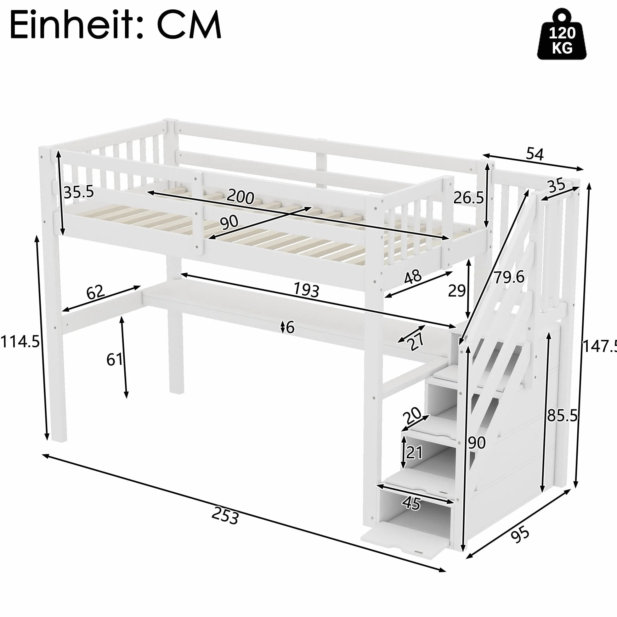 Łóżko piętrowe 90 x 200 cm, z biurkiem i schodami, łóżko piętrowe dla dzieci z szufladami do przechowywania i biurkiem pod łóżkiem, białe (90 x 200 cm)
