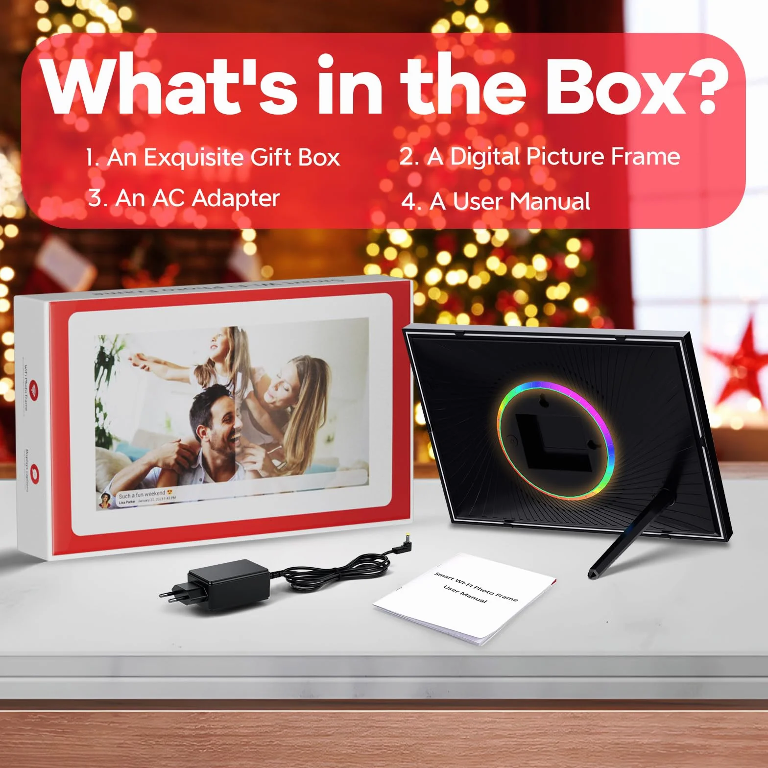 Cyfrowa ramka na zdjęcia 10,1", WiFi, ekran dotykowy IPS 1280 x 800, pamięć 32 GB, automatyczne obracanie, montaż na ścianie, łatwa konfiguracja zdjęć i filmów natychmiast za pomocą aplikacji