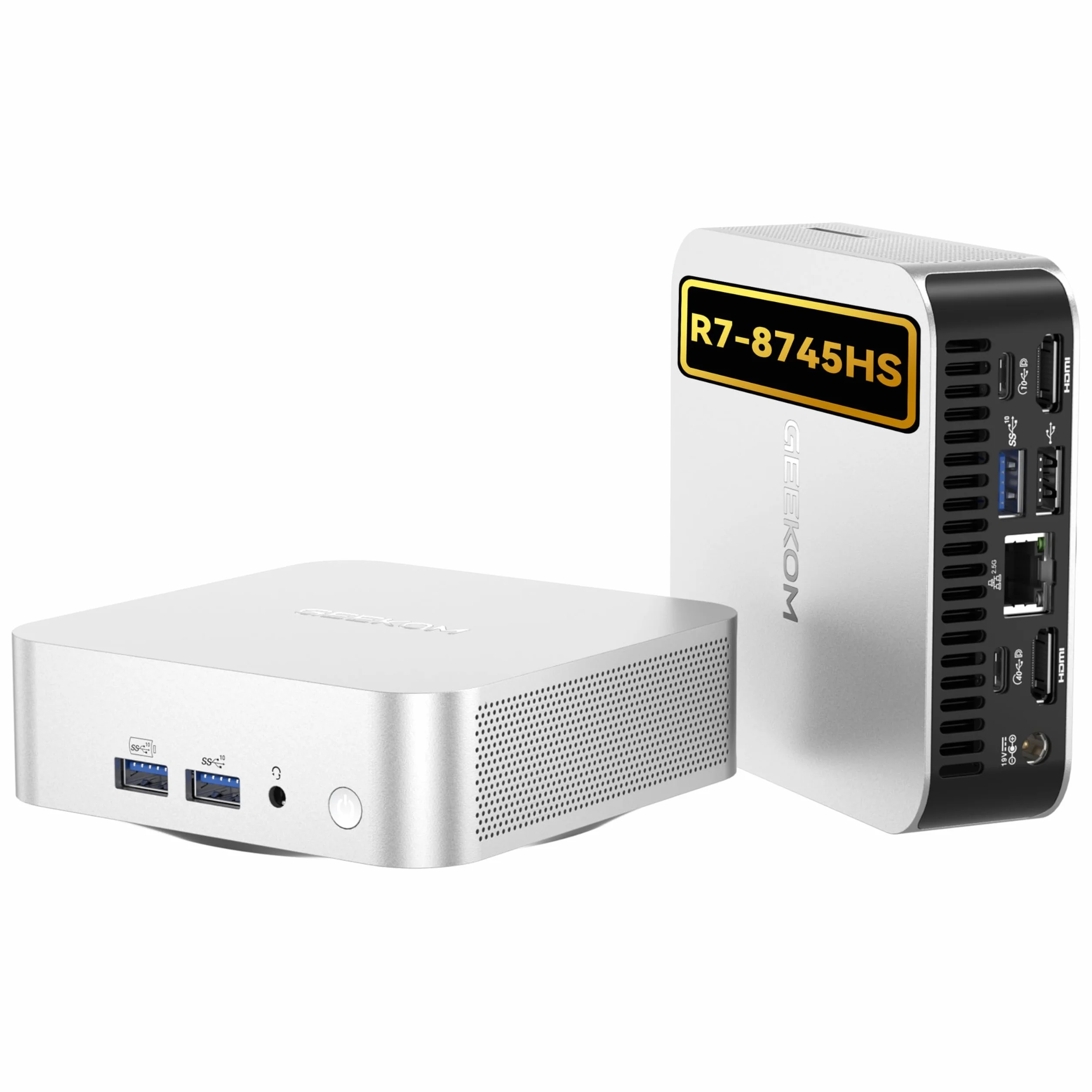 GEEKOM A8 Mini PC Windows 11 Pro, z AMD Ryzen 7 8745HS (do 5,1 GHz), wysoka prędkość 16 GB DDR5 RAM (do 128 GB) i 1 TB SSD, podwójny HDMI 4K przy 120 Hz Quad Display/WiFi 6E/USB4/6×USB do gier