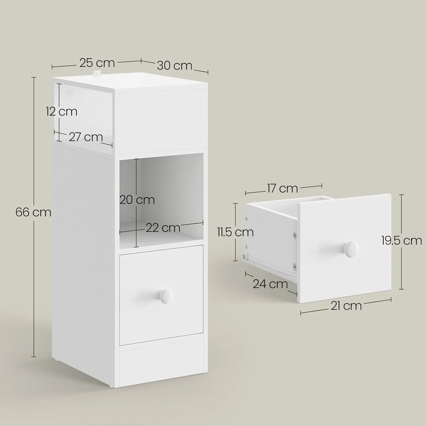 Eugad Zestaw 2 wąskich stolików nocnych, 2 otwarte półki, 1 szuflada, ergonomiczny stolik nocny, sypialnia, wymiary 25 x 66 x 30 cm, materiał drewnopochodny, kolor biały, 0179ZZ-2