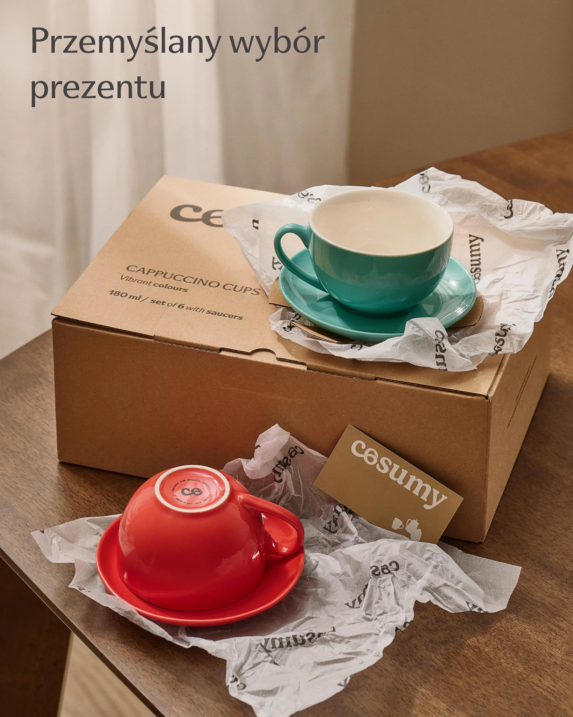 Cosumy Zestaw 6 Filiżanek do Cappuccino ze Spodkami Kolorowe - 180ml Ceramika Utrzymuje Ciepło - Kubki do Kawy Sztaplowane & Zmywarka - Filiżanka do Cappuccino z Uchem - Pudełko Prezentowe