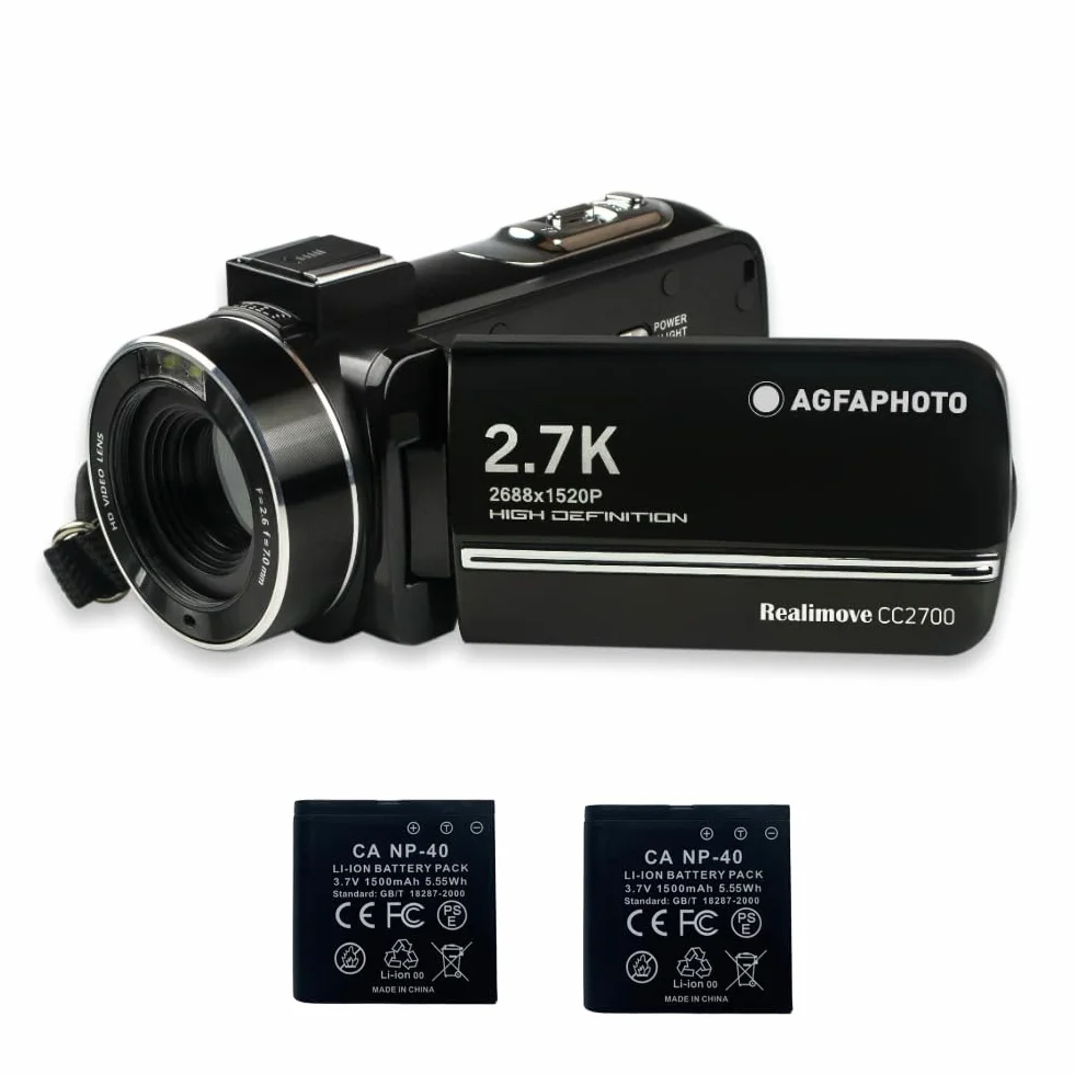 AgfaPhoto Realimove CC2700 kamera wideo 2,7 K, zdjęcia 24 MP, ekran dotykowy IPS 3,0", zoom cyfrowy 18x, światło LED, pilot zdalnego sterowania, 2 x bateria litowa