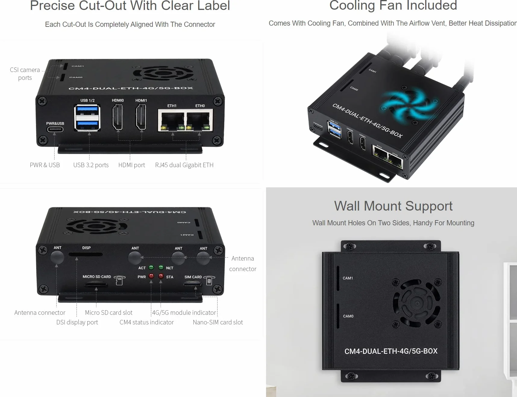 Waveshare Dual Gigabit Ethernet 5G/4G Mini-Computer Based On Raspberry Pi Compute Module 4 (NOT Included) with Metal Case and Cooling Fan
