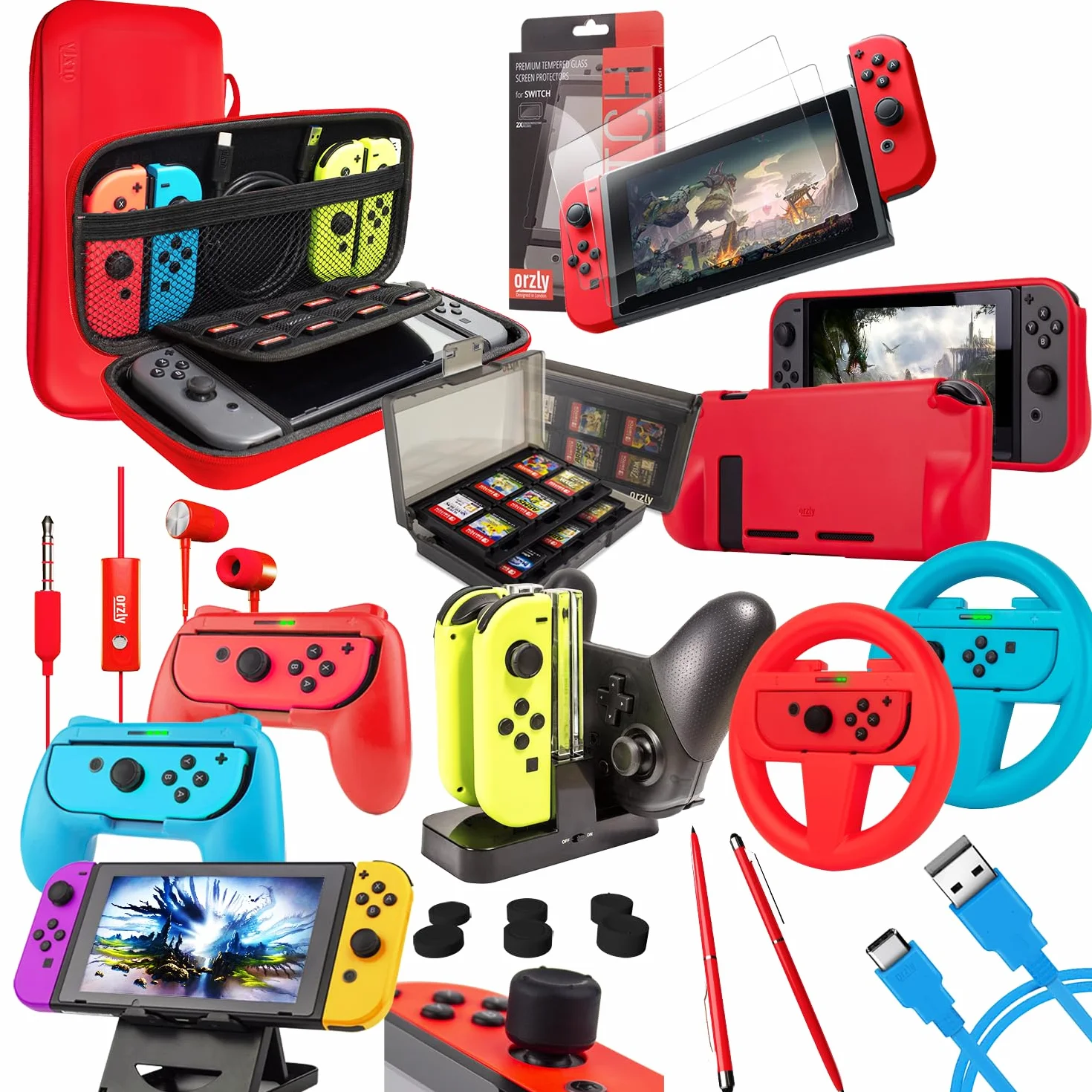 Orzly Geek Pack Zestaw akcesoriów do Nintendo Switch: Etui, osłona ekranu, uchwyty Joycon, koła wyścigowe, stacje ładowania
