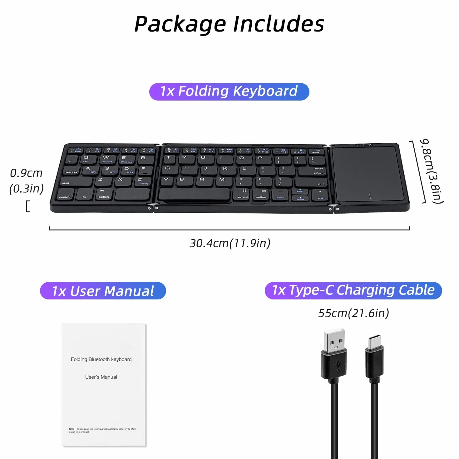 Mcbazel Składana bezprzewodowa klawiatura z panelem dotykowym do tabletu/telefonu komórkowego/PC, bezprzewodowa klawiatura z możliwością ładowania obsługuje wiele urządzeń/iOS/Android/MacOS/Windows