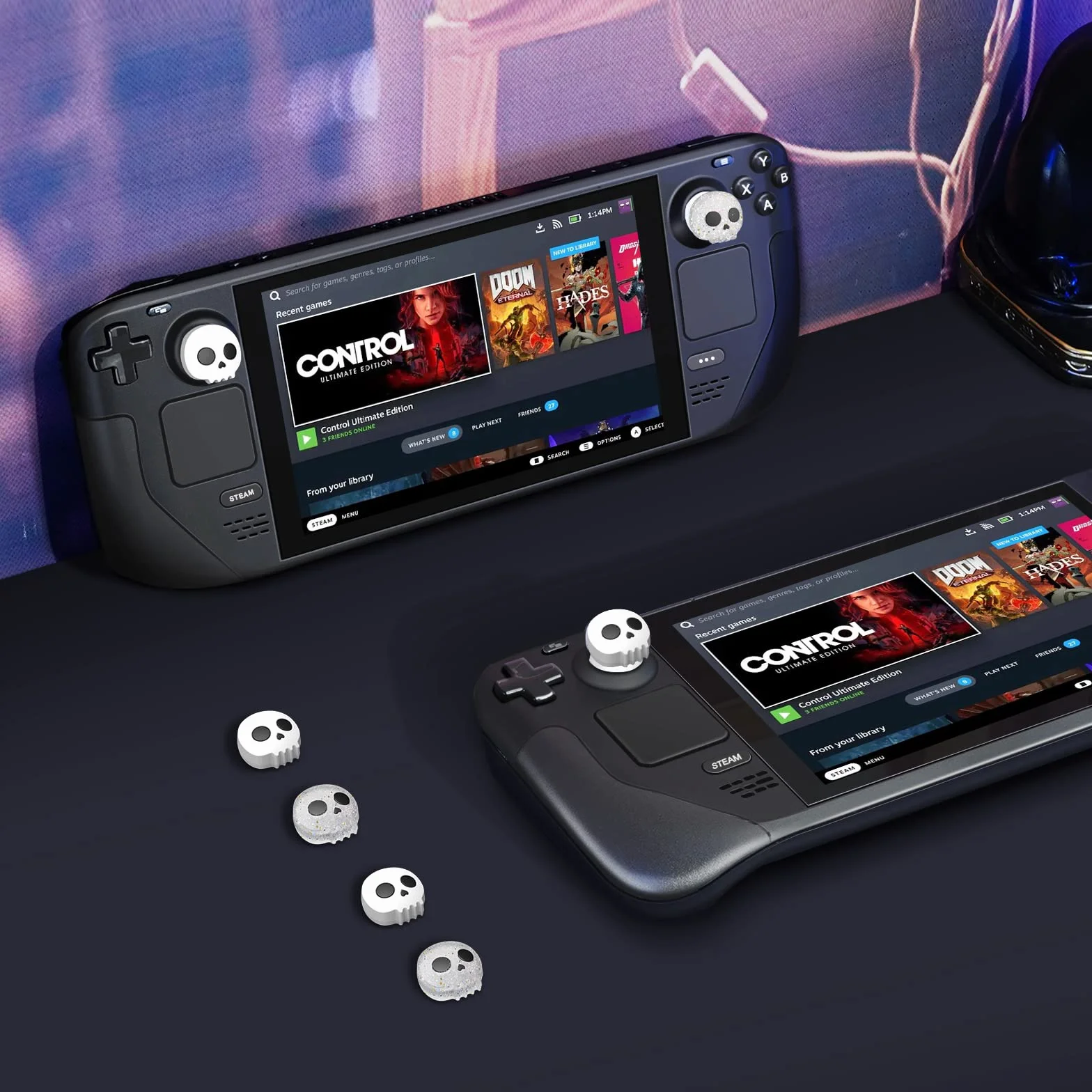 JINGDU Nakładki do Steam Deck – Thumbsticks Grips Caps, nakładki ochronne akcesoria analogowe joystick nakładki na deskę parową – miękki silikon, 4-częściowy zestaw, czaszka
