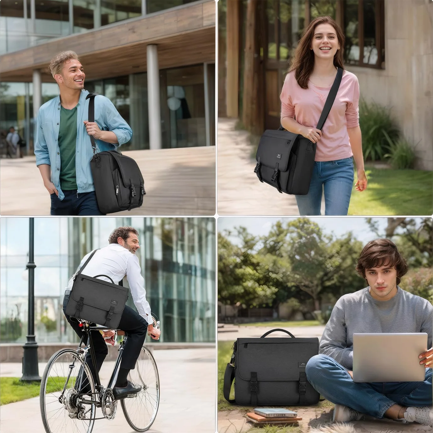 MATEIN Aktówka męska, torba na laptopa 15,6 cala, wodoodporna torba listonoszka na laptopa, biznesowa torba na ramię na notebooka do pracy w biurze, dla kobiet i mężczyzn, czarna