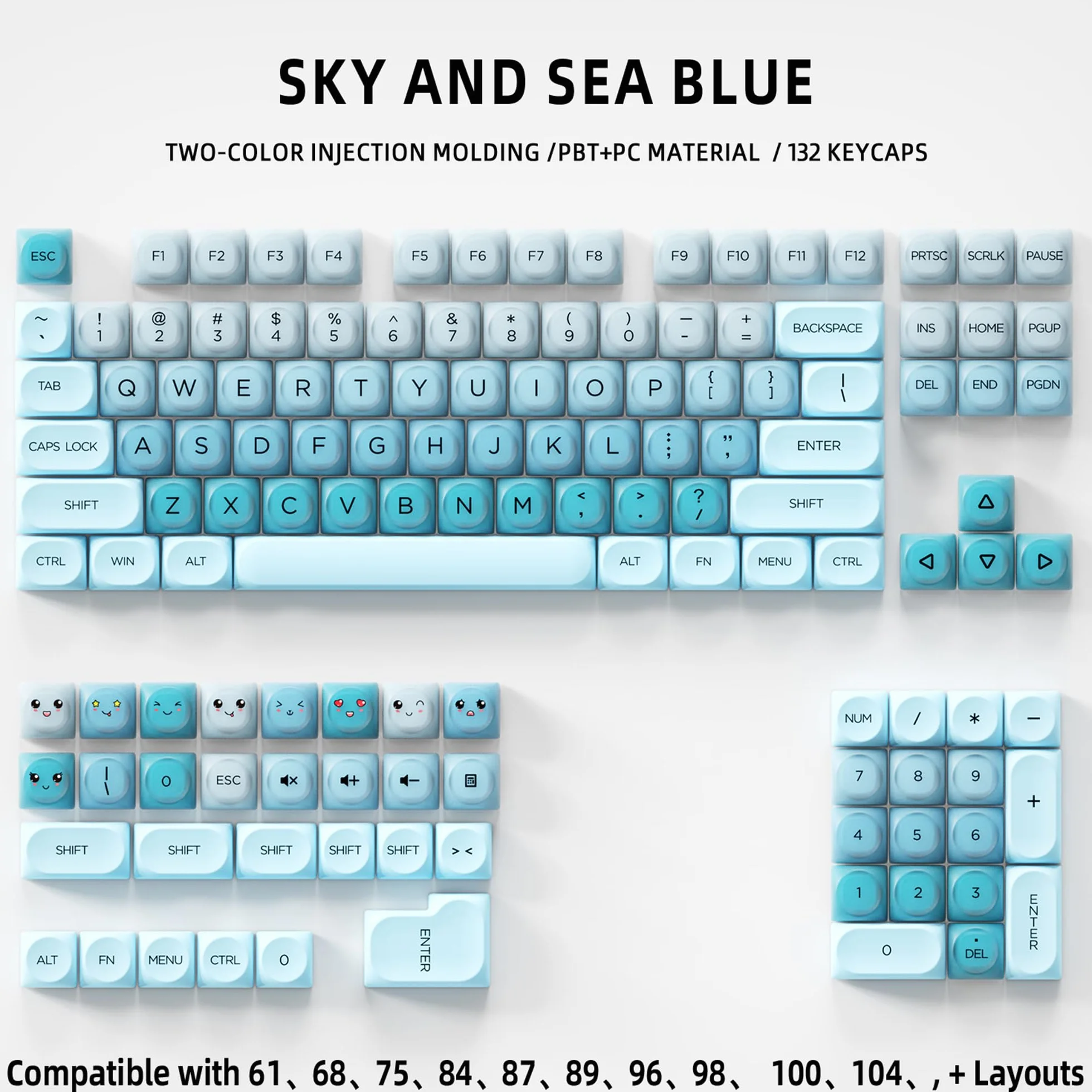 SOLIDEE Zestaw 132 Klawiszy PBT do Klawiatury Mechanicznej, Profil HOA, Double Shot Foundation Keycaps, Keycaps do Klawiatury Mechanicznej w Pudełku, Przełącznikami MX do Gier i Klawiatur(SkyBlue)