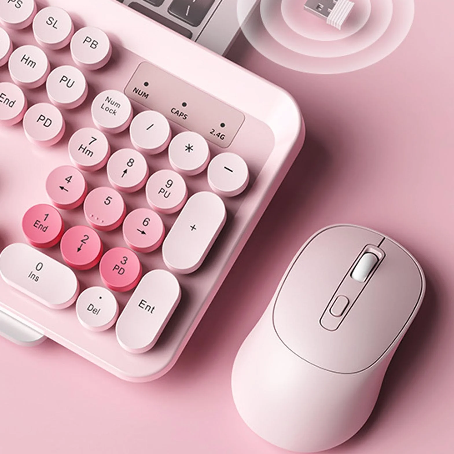 Topiky Bezprzewodowa Klawiatura i Mysz Retro 104 Czerwona Ciche Okrągłe Klawisze (PINK)
