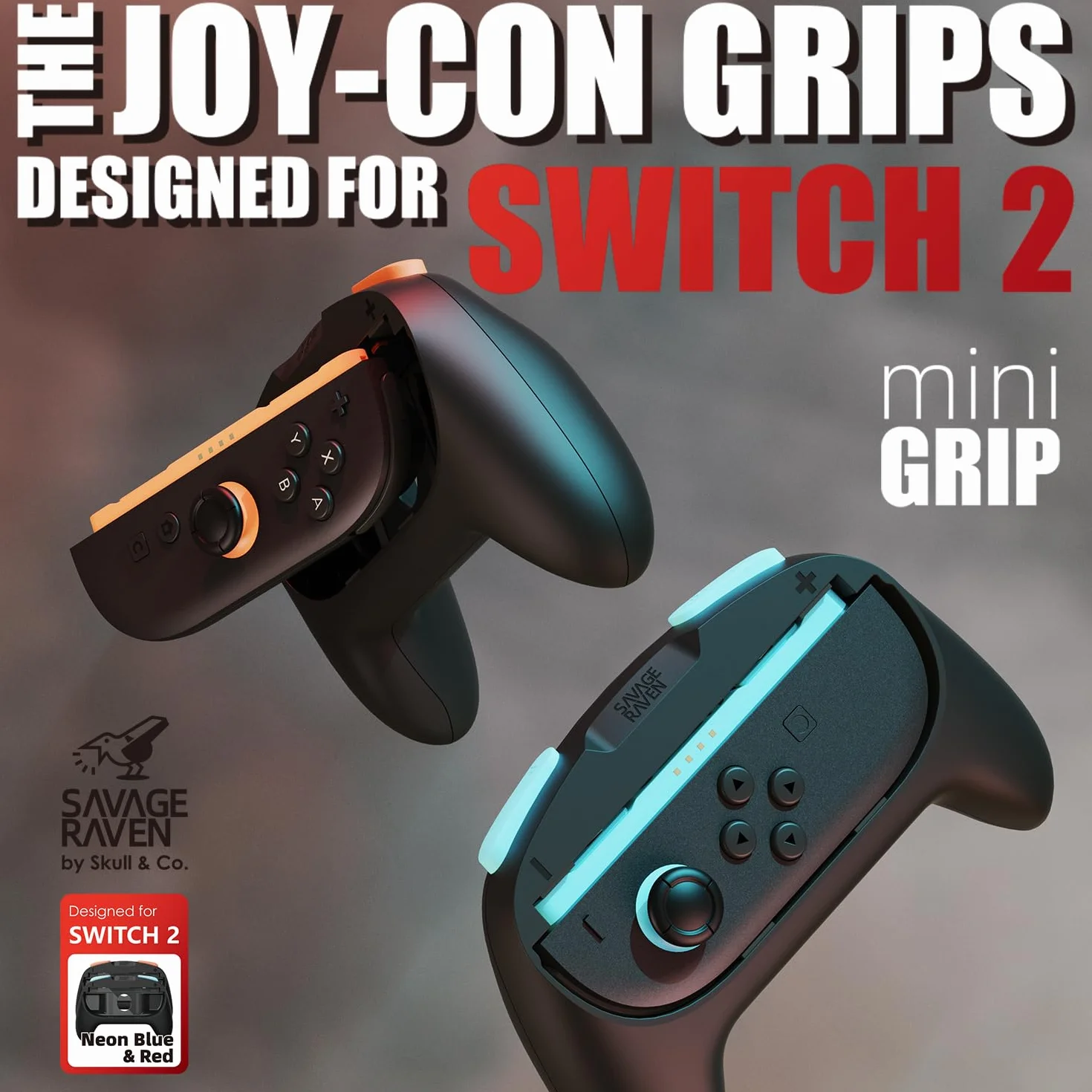 SAVAGE RAVEN od Skull & Co. MiniGrip uchwyt do ręki dla Nintendo Switch 2 kontrolerów Joy-Con, uchwyt do uchwytu w kolorze neonowo niebiesko-czerwonym, 1 para, kompatybilny z Switch 2 Jon Con