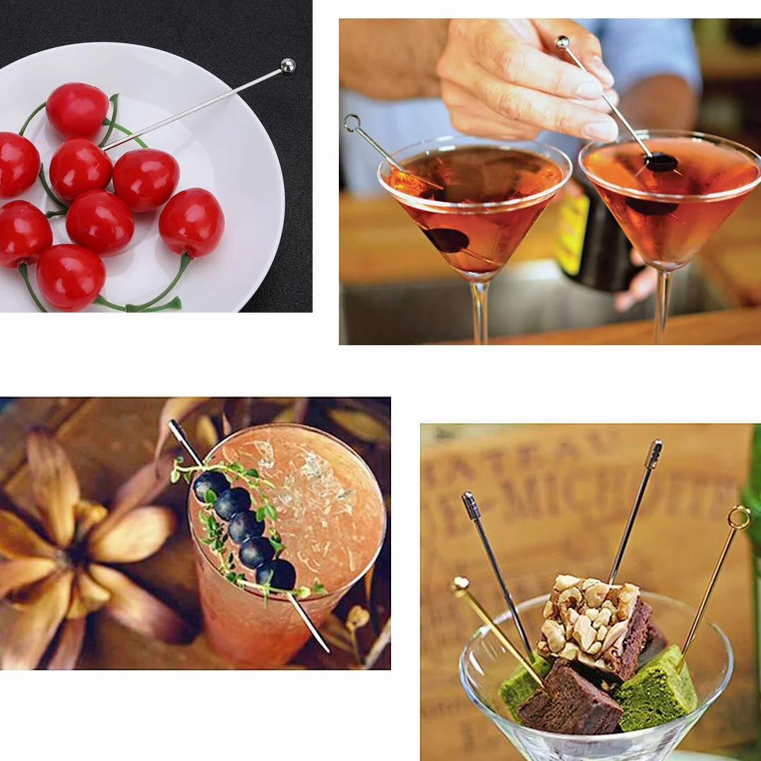Zestaw patyczków koktajlowych 20 szt. patyczków do owoców ze stali nierdzewnej, wielokrotnego użytku kostki do napojów przystawki wykałaczki do Martini, 4 style, srebrne