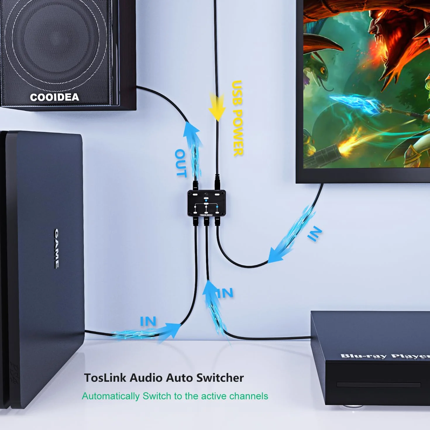 COOIDEA Ulepszony automatyczny przełącznik SPDIF Toslink cyfrowy przełącznik optyczny 3x1 z bezprzewodowym pilotem obsługuje 192k/24Bit PCM2.0 DTS Dolby-AC3 kompatybilny z telewizorem, Xboxem