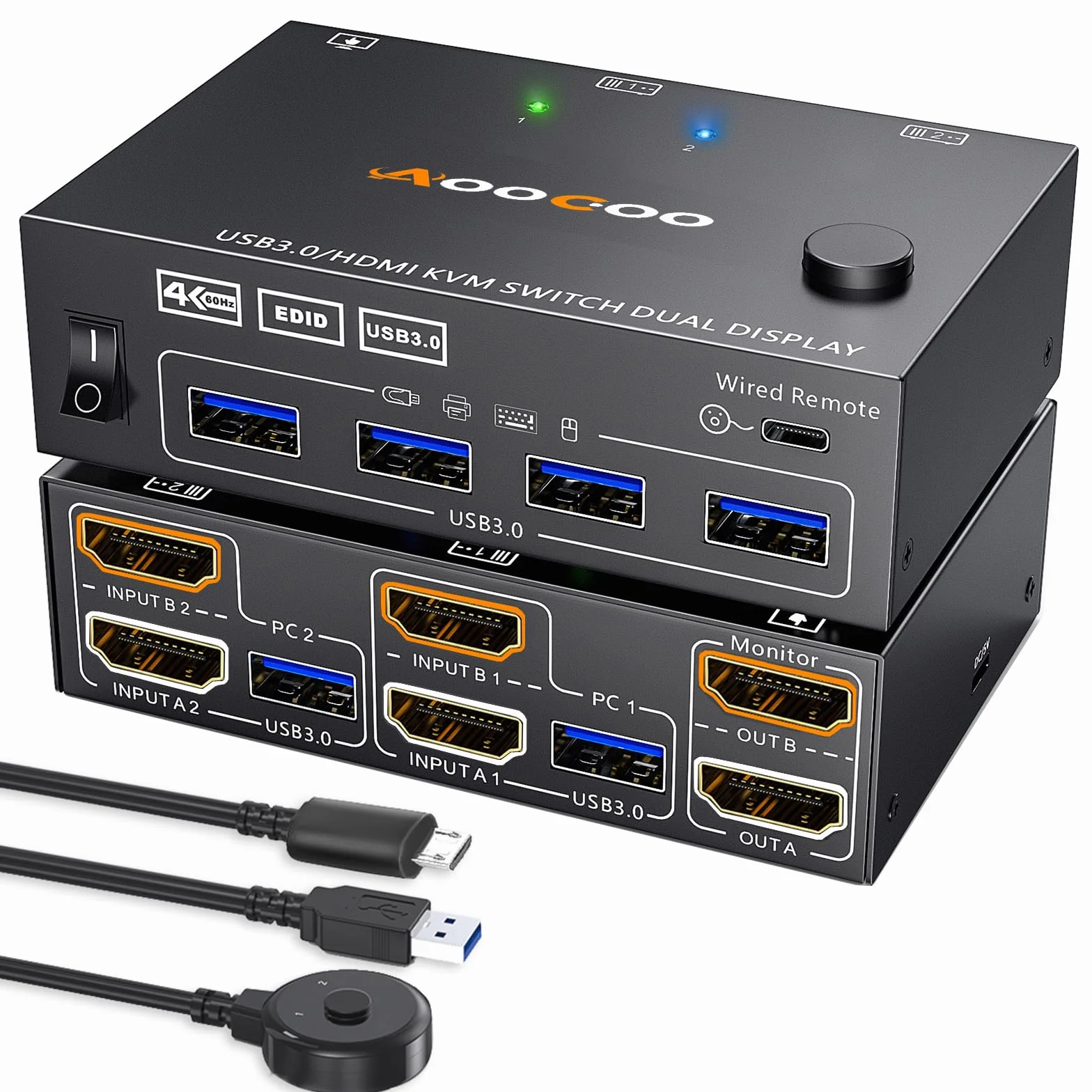 Przełącznik KVM 2 monitory 2 PC 4K @160Hz 2K @120Hz, przełączniki KVM HDMI z funkcją EDID Pilot przewodowy, zasilacz i kabel USB 3.0 w zestawie