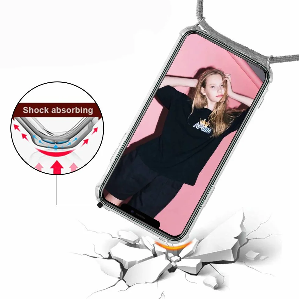 XTCASE Naszyjnik do iPhone 13, etui ze sznurkiem - łańcuszek na szyję - przezroczysty silikonowy pokrowiec z liną sznurkową, szary