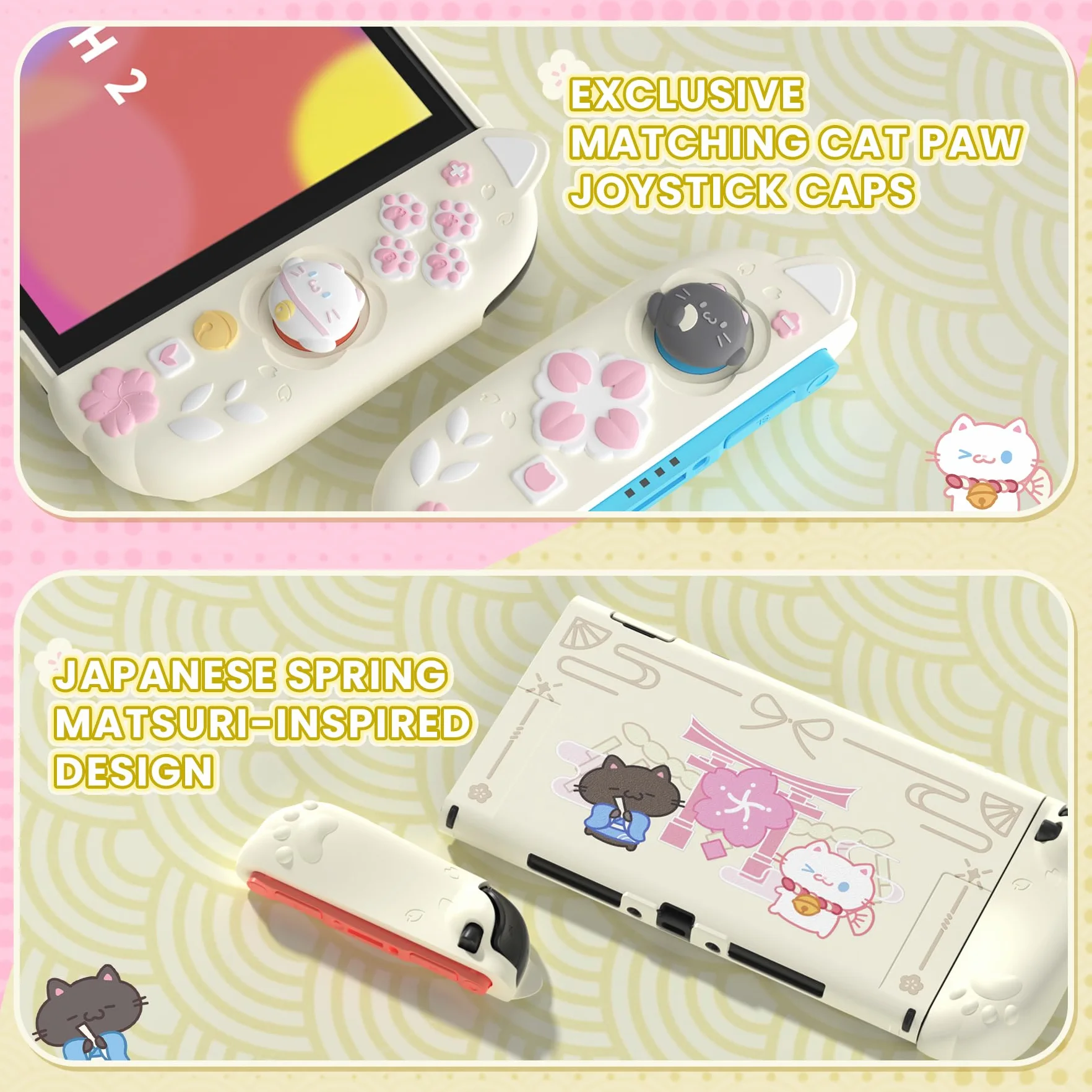 PlayVital Etui Ochronne do Switch 2 z Silikonowymi Uchwytami Joycon, Nakładkami Joysticki i Podstawką, Dockowalne, Żółty Antyczny Motyw Kociątko i Kwiaty Wiśni