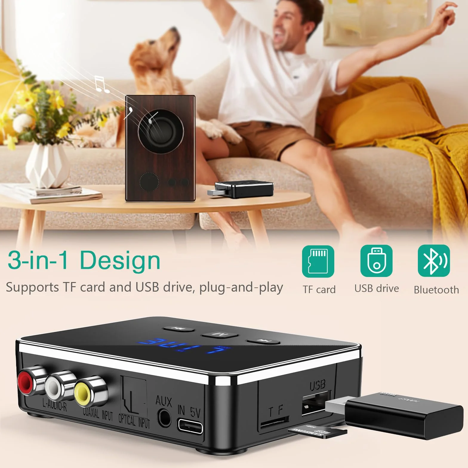 ORIA Adapter audio Bluetooth 2 w 1, transmiter Bluetooth 5.4, odbiornik z Aux/RCA/COA/optyczny, niewielkie opóźnienia, do telewizora, komputera stacjonarnego, głośnika