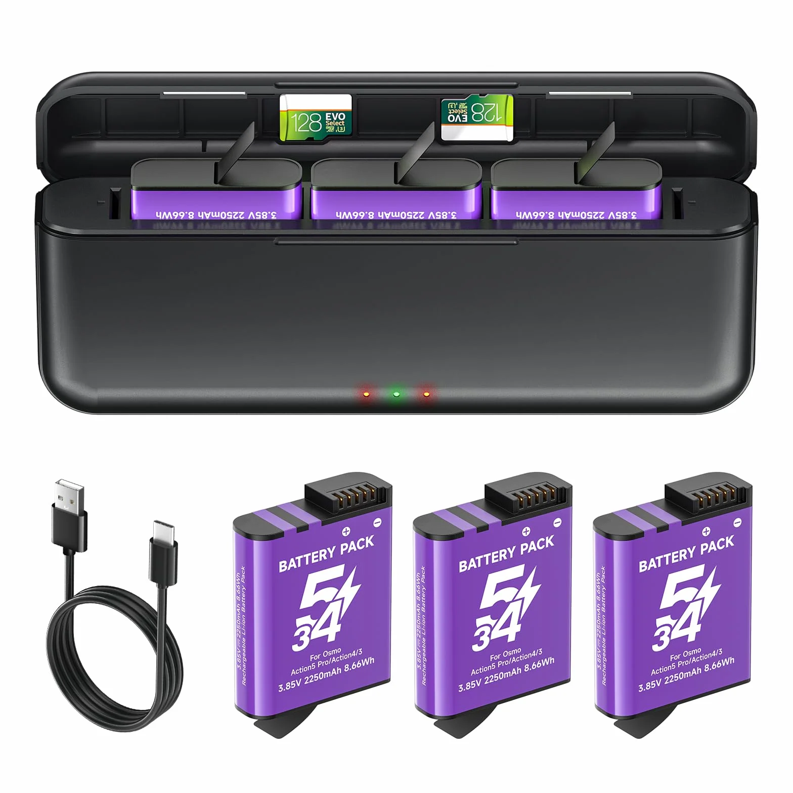 2250mAh Osmo 360/Action 6/5 Pro/4/3 Akumulatory Z ładowarką dla -DJI Osmo 360 / Action 6 / Action 5 Pro/Action 4 / Action 3, Z kablem typu C, miejscem do pamięci kart TF