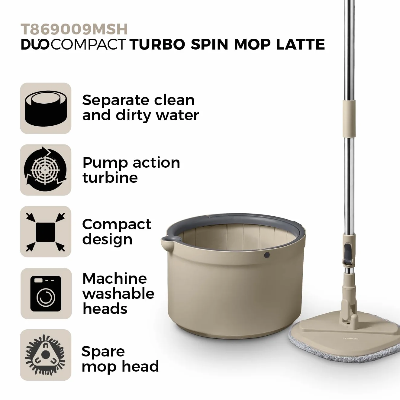 Tower T869009MSH Duo Compact Spin Mop, wbudowana turbina, 2 pojemniki, latte, szary