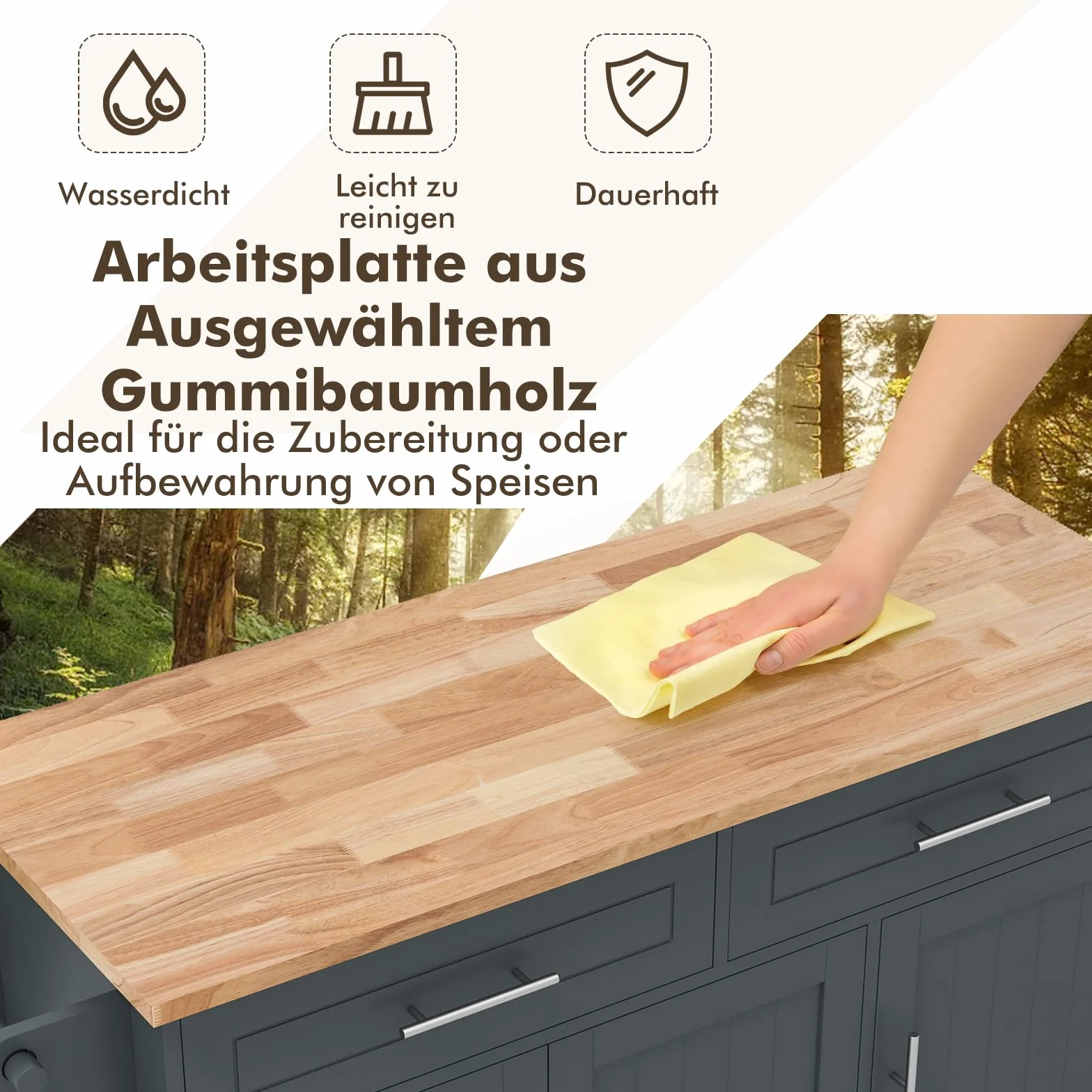 COSTWAY Wózek kuchenny na kółkach, wózek do serwowania z blatem roboczym, 2 szuflady, wieszak na noże i ręczniki, drewniany wózek kuchenny, szafka kuchenna do kuchni, wózek pomocniczy, wyspa kuchenna