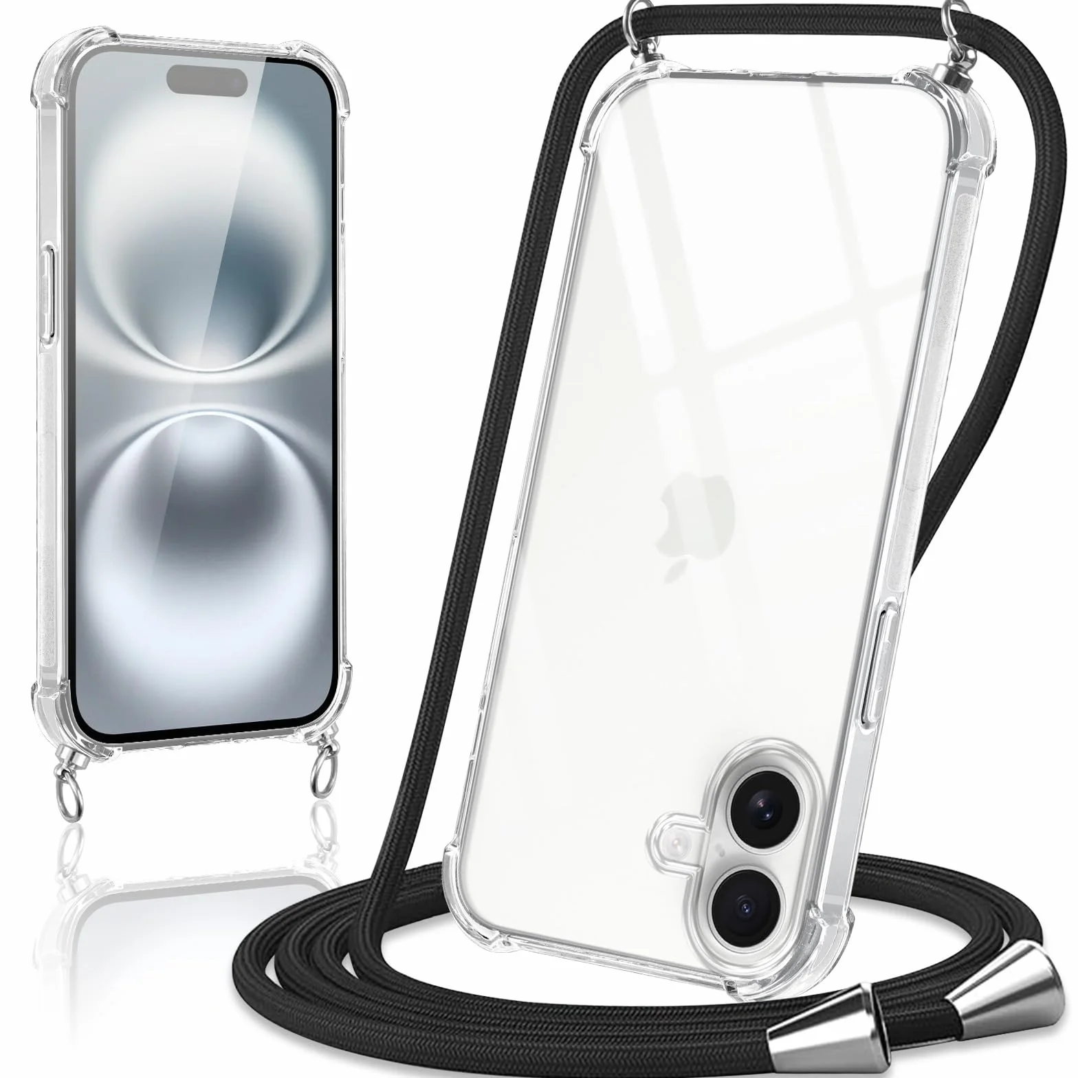 Coiwxmoi Etui ze sznurkiem do iPhone 17, regulowany obroża, etui na telefon komórkowy, przezroczyste, bardzo miękkie, silikonowe TPU, odporne na wstrząsy etui ochronne do iPhone 17 6,3", czarne