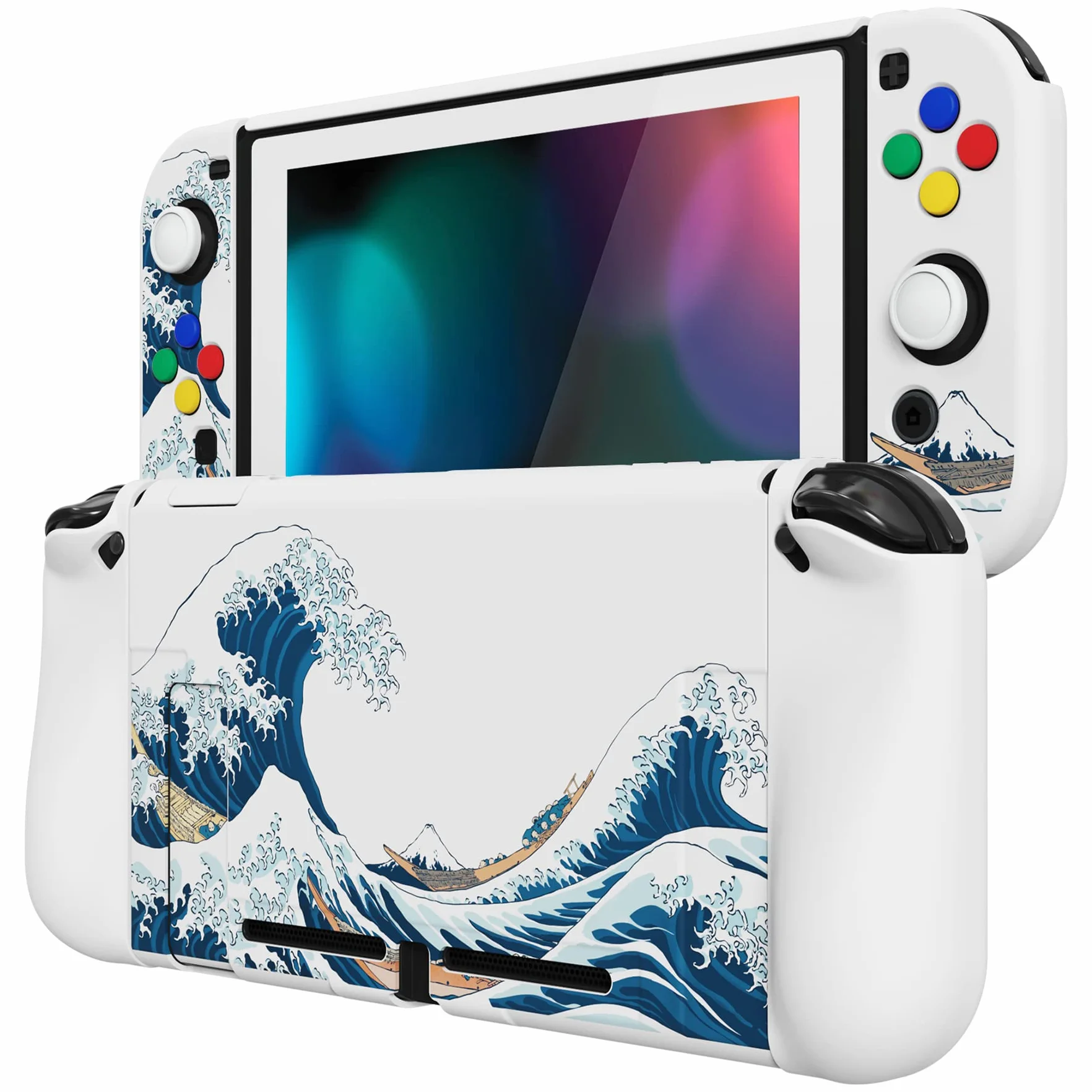 PlayVital Etui Ochronny do Nintendo Switch z Osłoną Ekran,Case Hard Shell do Switch,AlterGrips Ergonomiczna Protective Cover z Kciuka Caps&Caps Przycisków-Wielka Fala Kanagawie