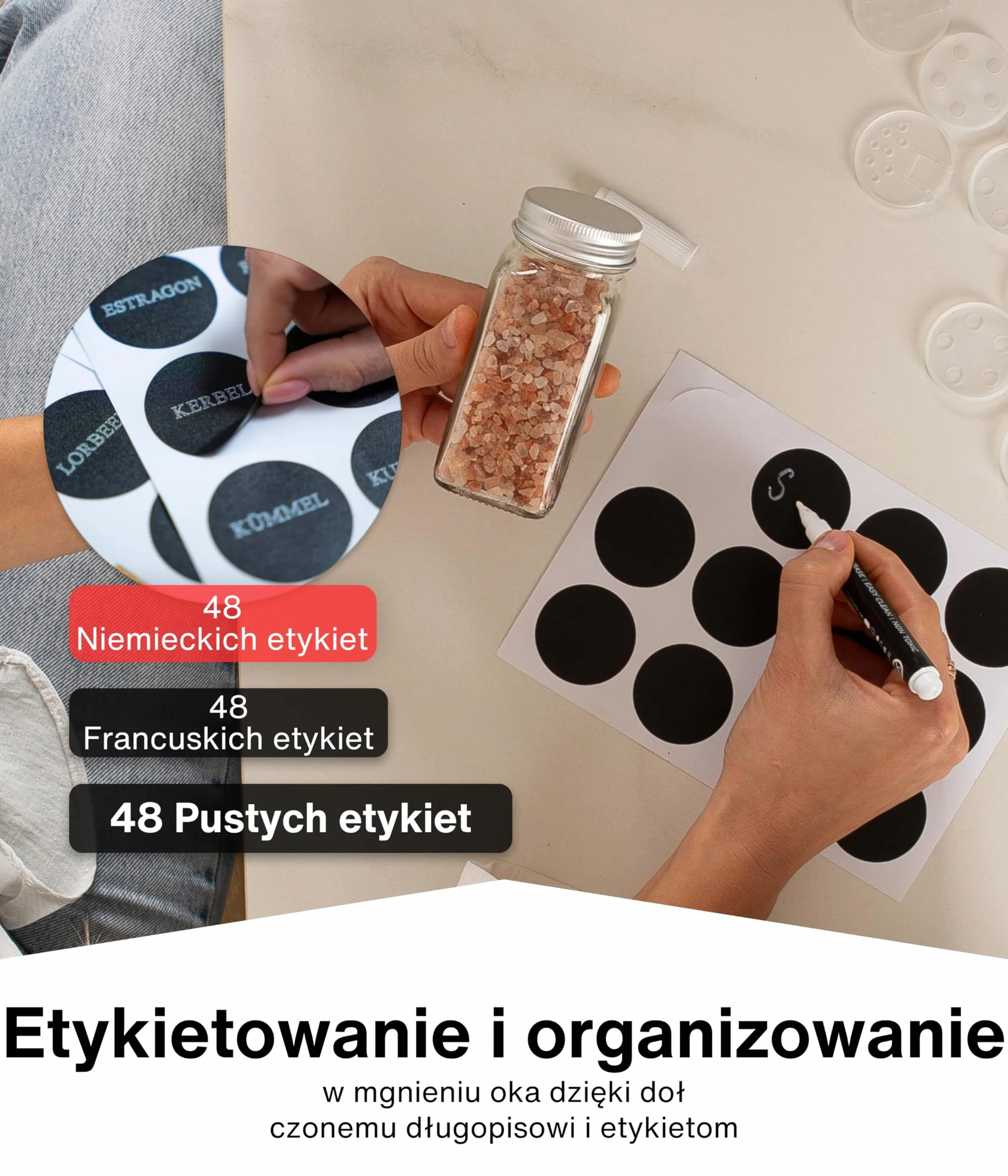 Deco Haus® Stojak na Przyprawy ze Słoikami na Przyprawy - 3-poziomowy Metalowy Organizer Kuchenny - 24 Słoiczki, 48 Etykiet, Pędzelek, Haczyki, Lejek - Półka Wolnostojąca lub na Ścianę - Czarny Regał